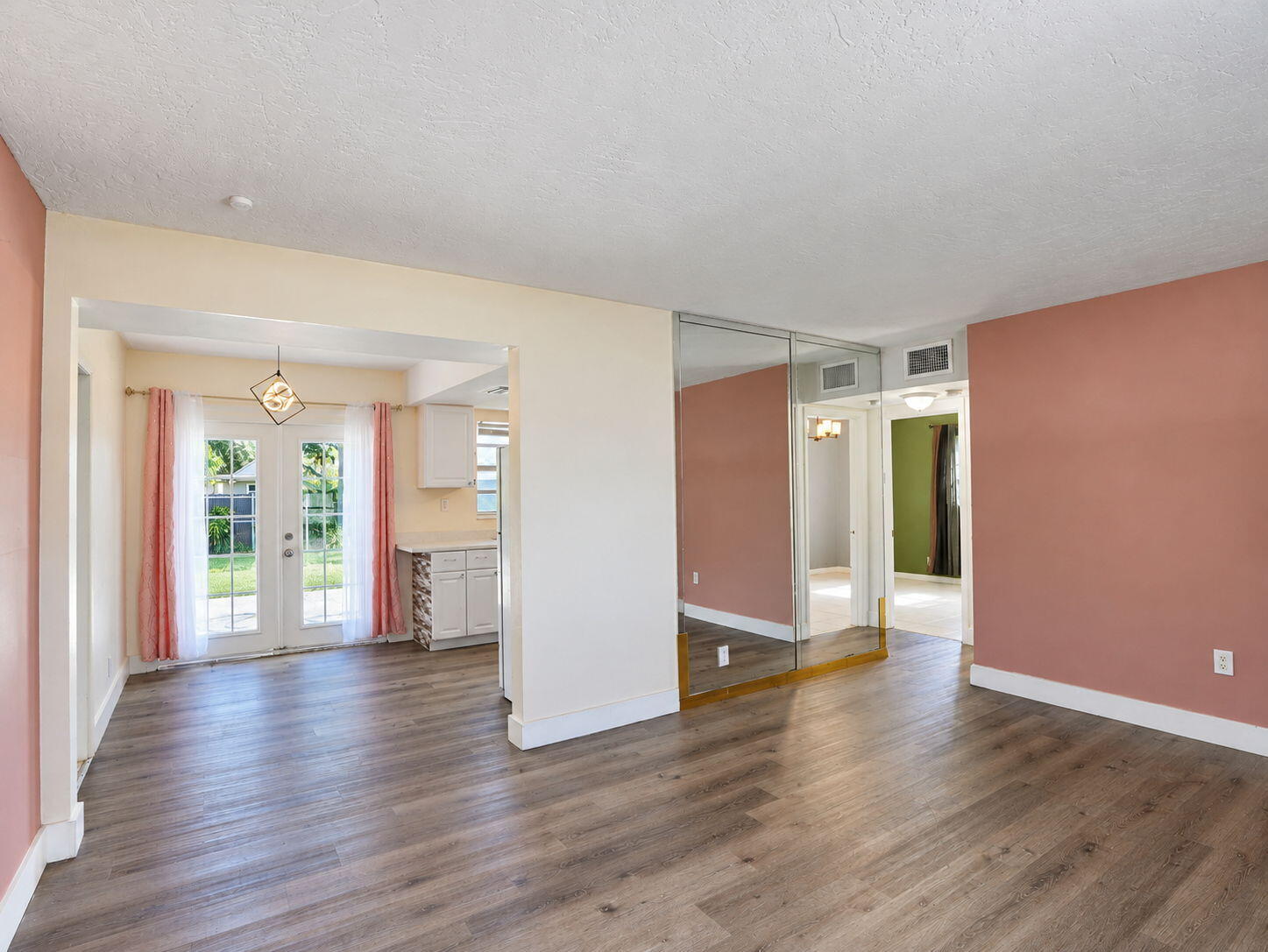 Living room leads to kitching/dining area