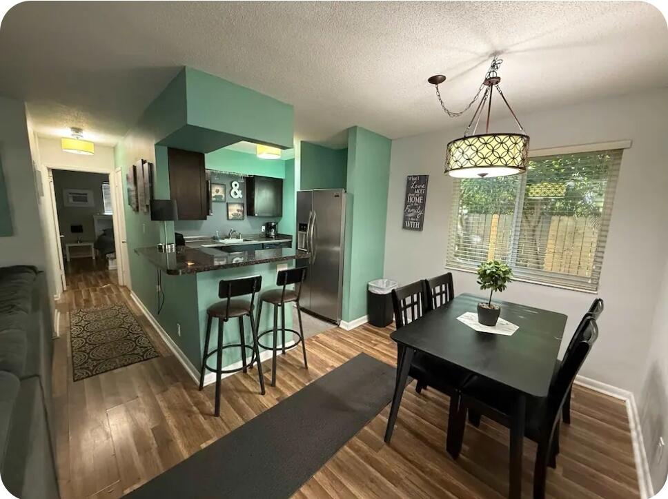 Dining room and kitchen. Apartment is unfurnished.