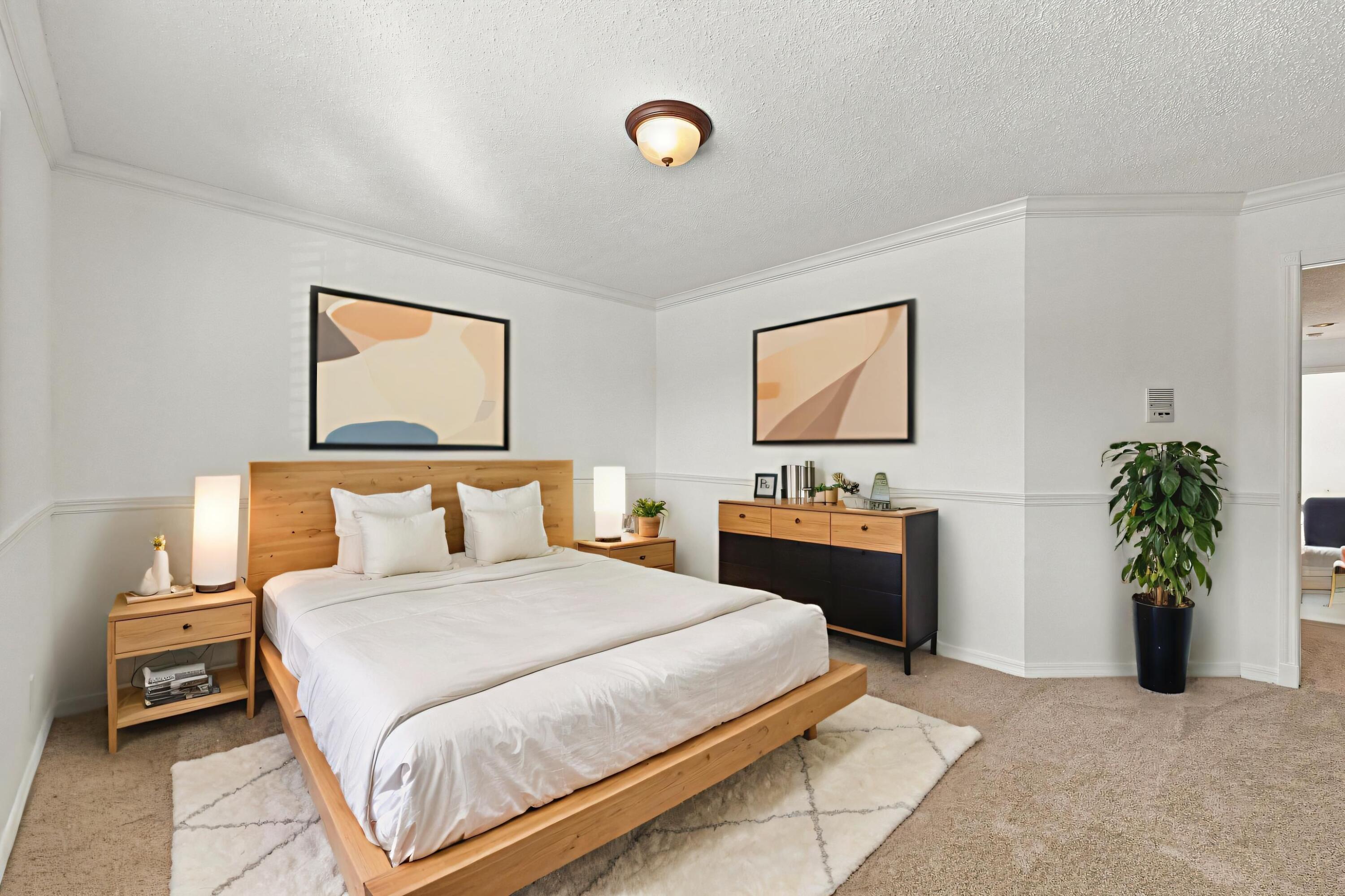 With its generous proportions, neutral carpeting, and decorative wall details, this bedroom offers flexibility for guests, family, or a home office.