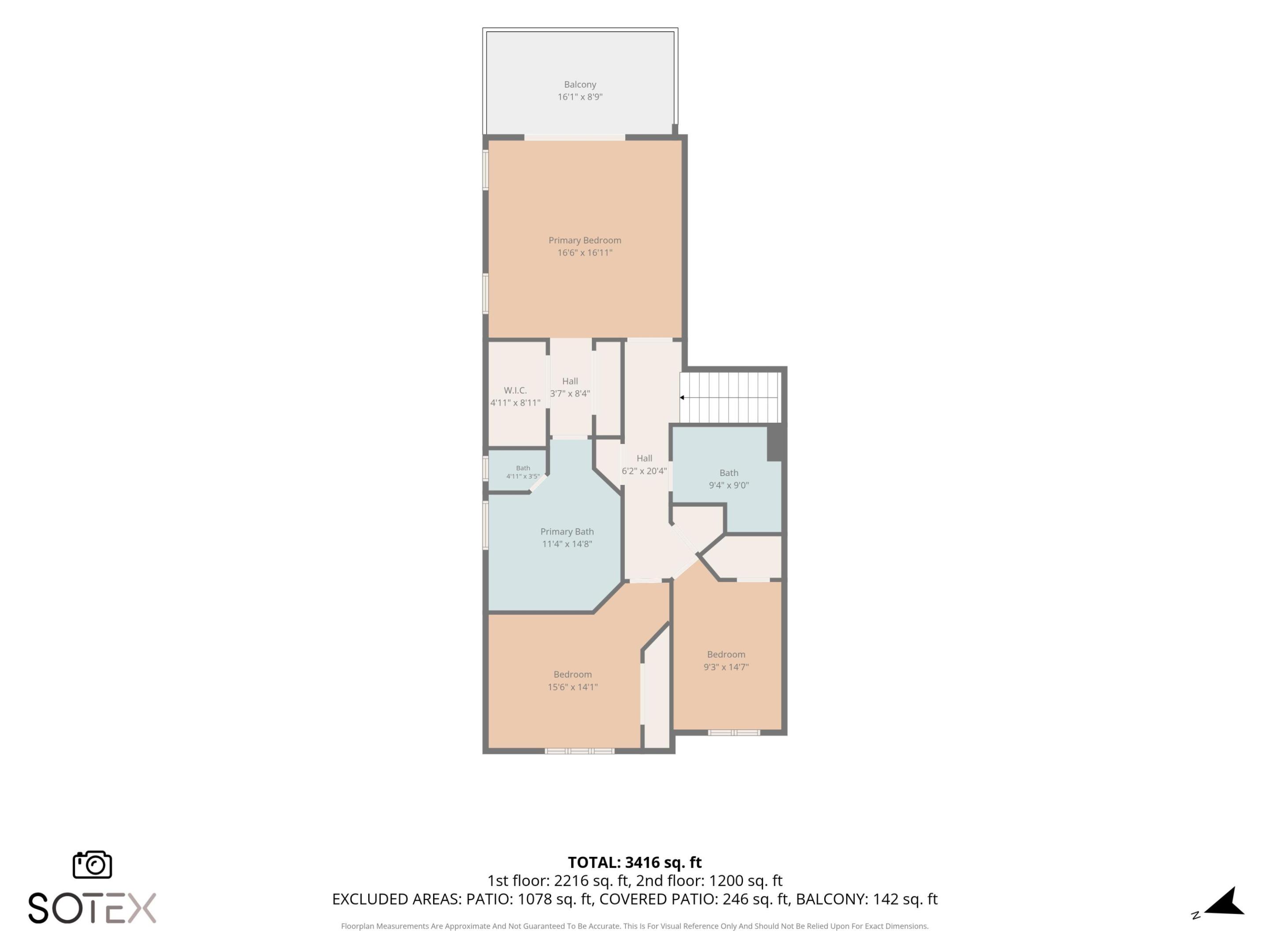 Detailed layout of the second floor, highlighting the bedroom arrangements, bathrooms, and private balcony accessible from the primary suite.