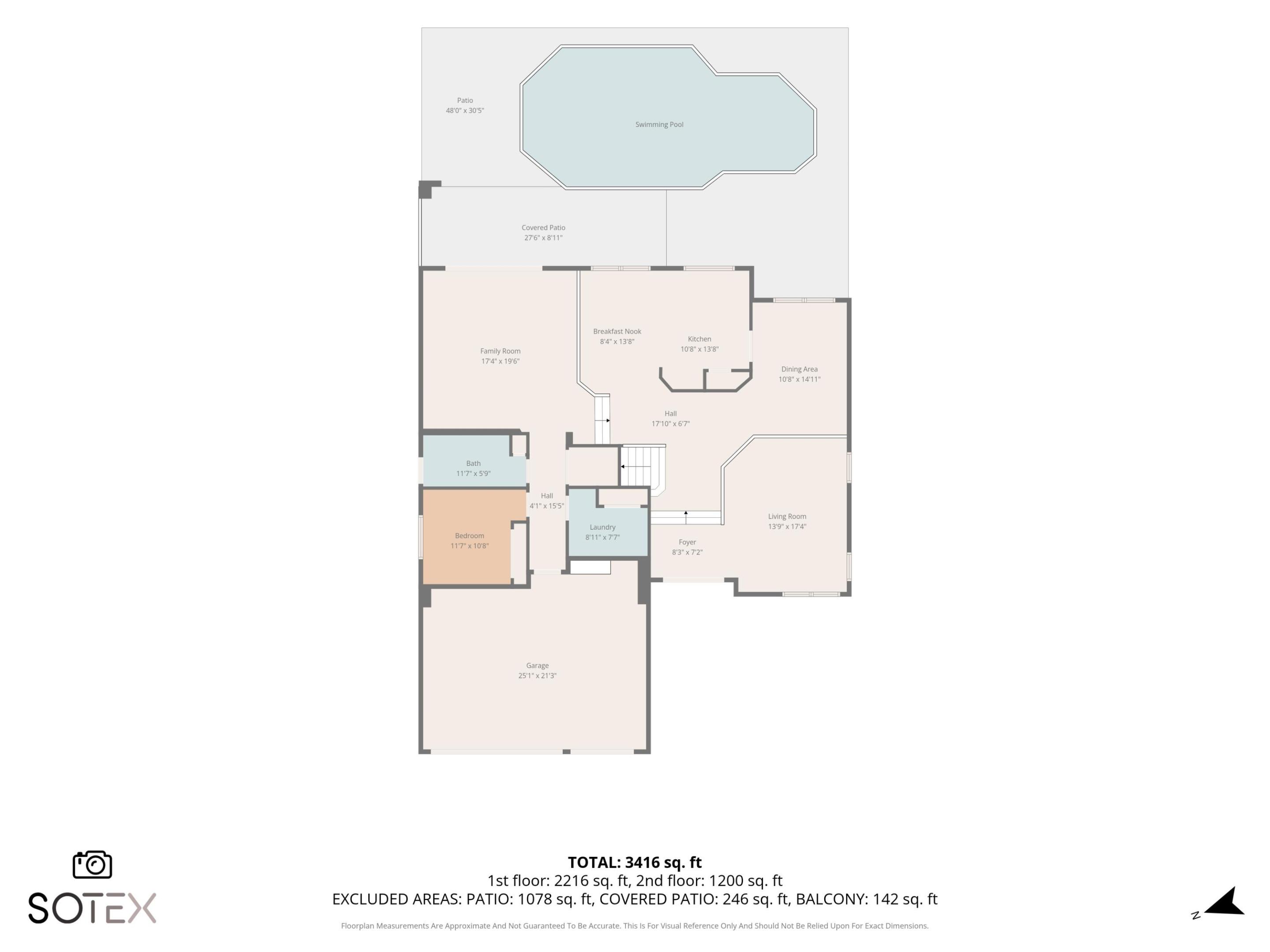 Detailed layout of the main level, featuring expansive living and entertaining spaces, kitchen, bedroom, bathroom, three-car garage, and access to the covered patio and private pool.