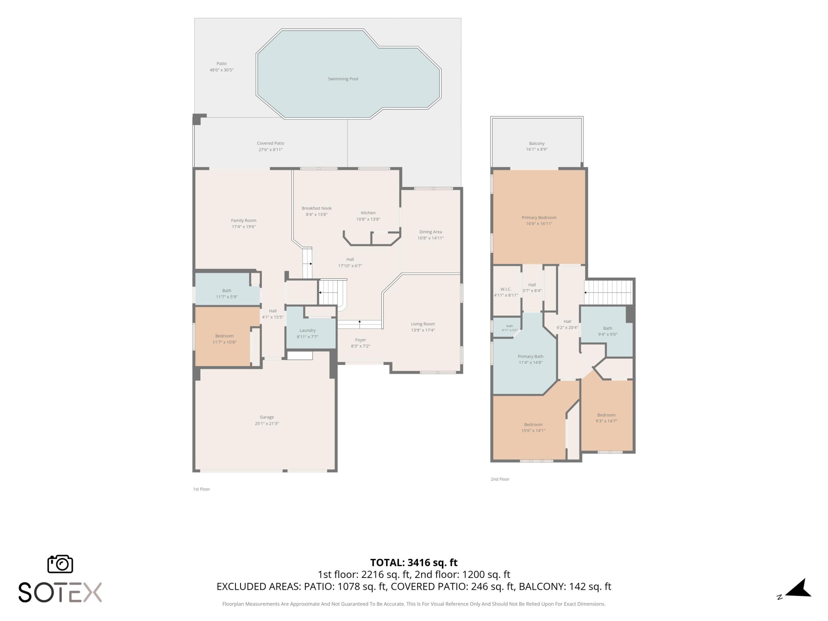 Comprehensive floor plan illustrating both levels of this spacious four-bedroom, three-bathroom residence, including the living areas, three-car garage, outdoor patio, and private pool.