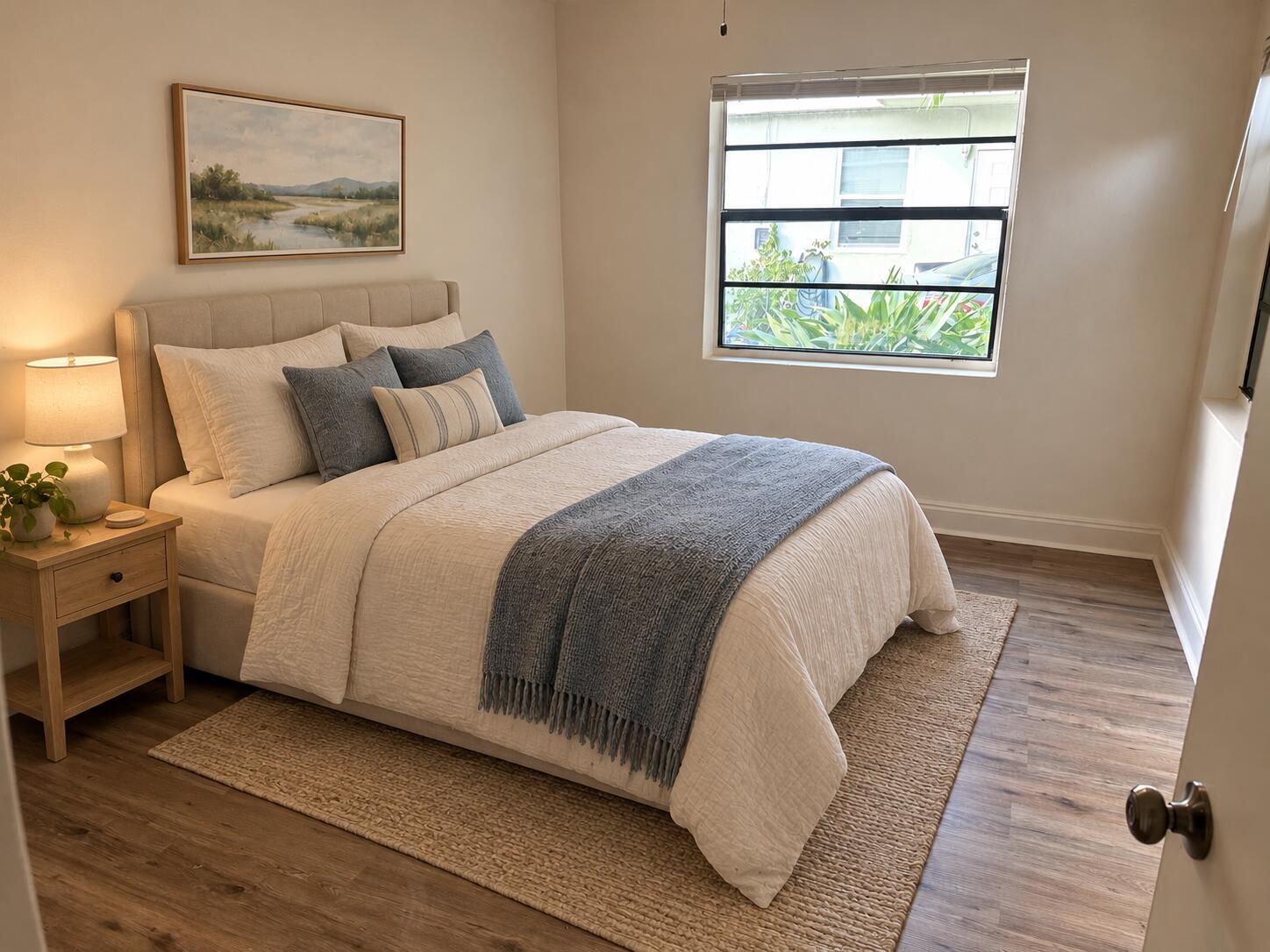 Compact Bedroom With Cream Bedding and B