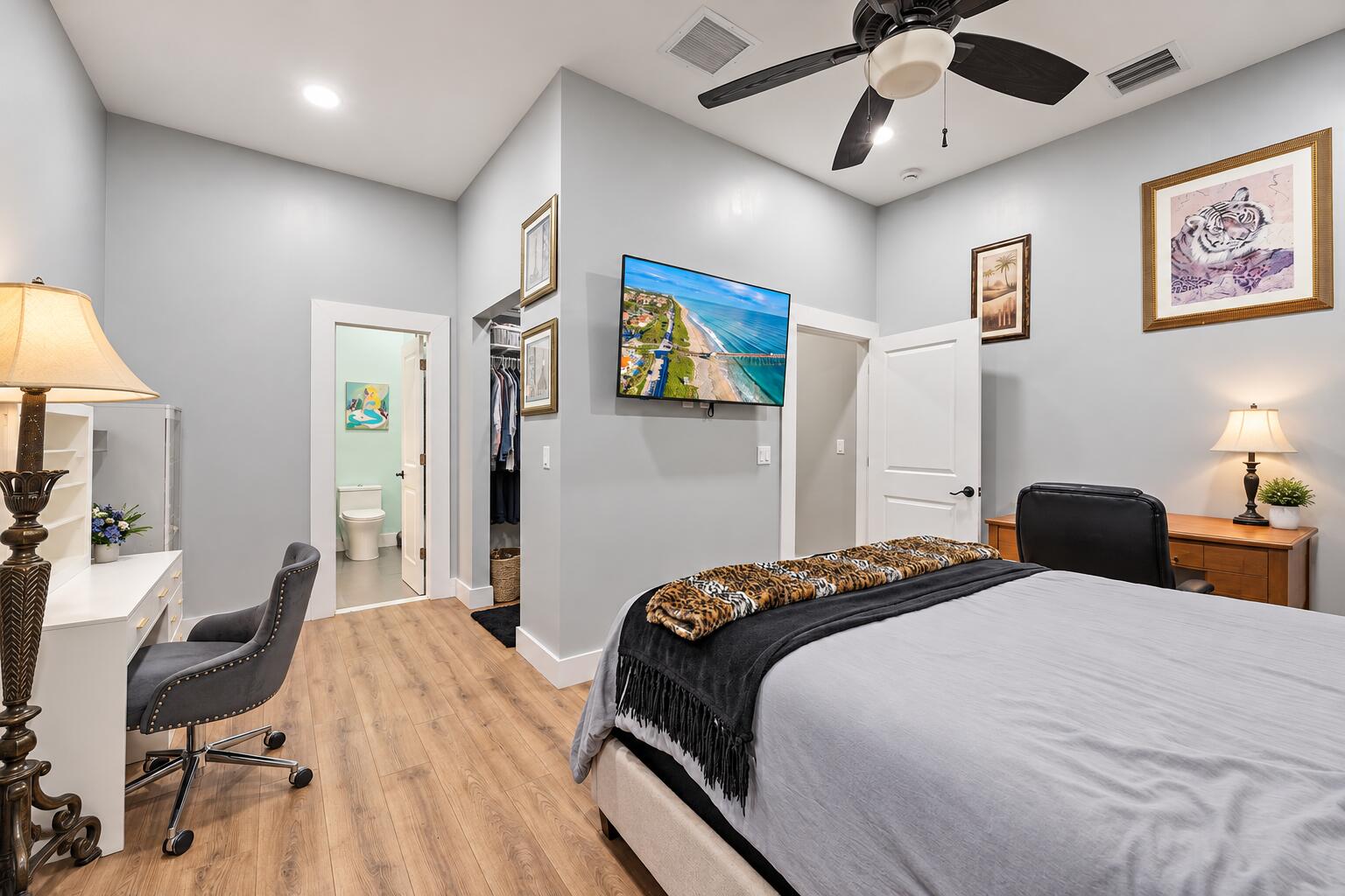 Staged Modern Bedroom with Coastal TV Vi