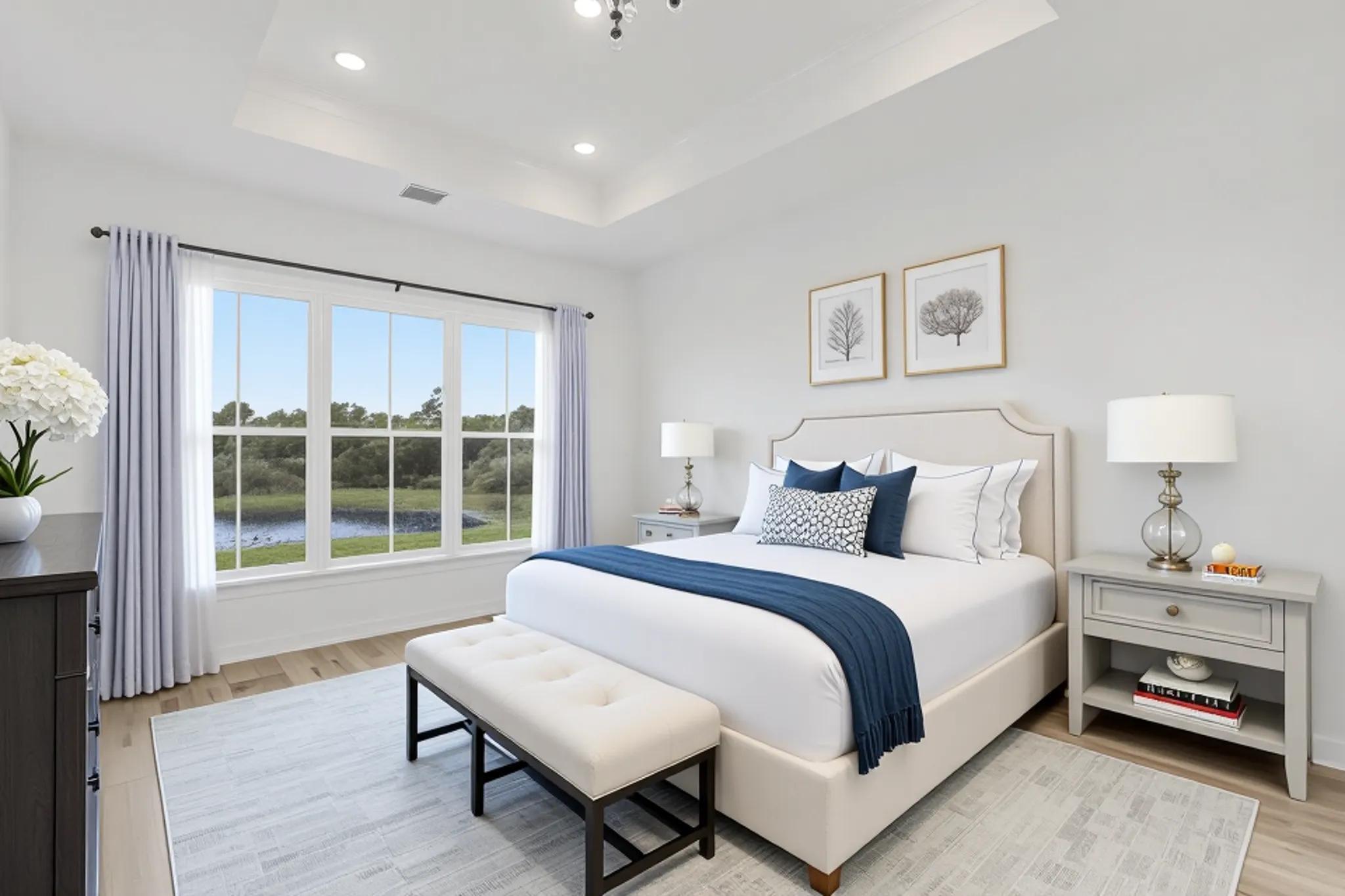 Tray ceiling featuring recessed lighting, large multi-pane windows with exterior water scenery, and wood like flooring