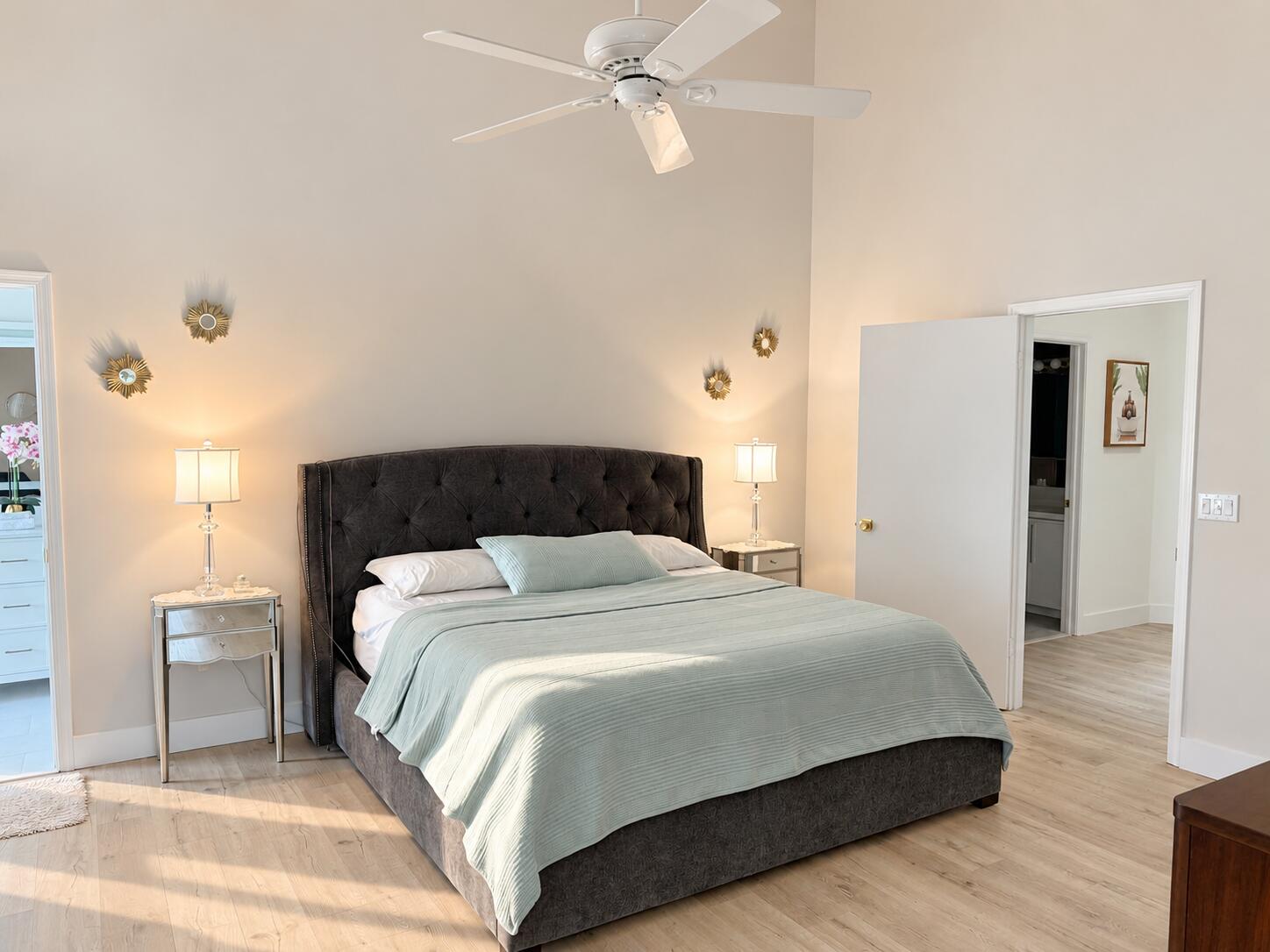 Bright Modern Bedroom with Sage Bedding