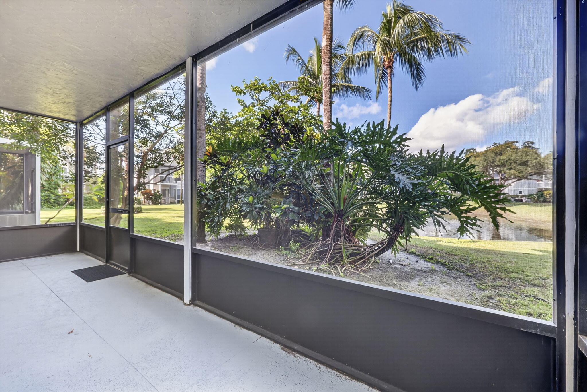 Screen-enclosed porch featuring concrete flooring, metal framing, and direct access to exterior grounds with mature palm trees and water frontage