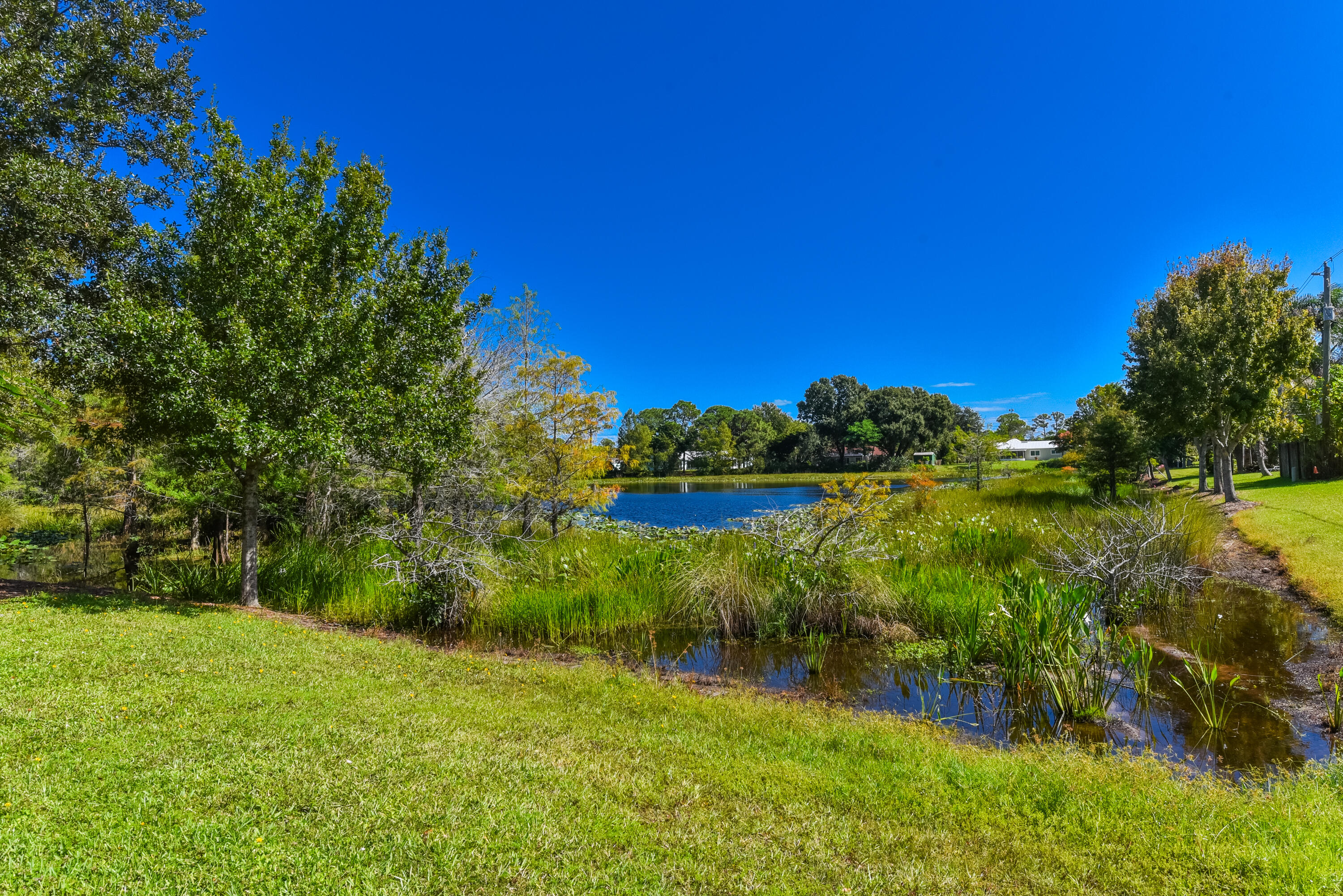 Enjoy a peaceful neighborhood setting with a picturesque pond across the street, surrounded by lush greenery and mature trees. A lovely touch of nature in Sandpiper Bay!