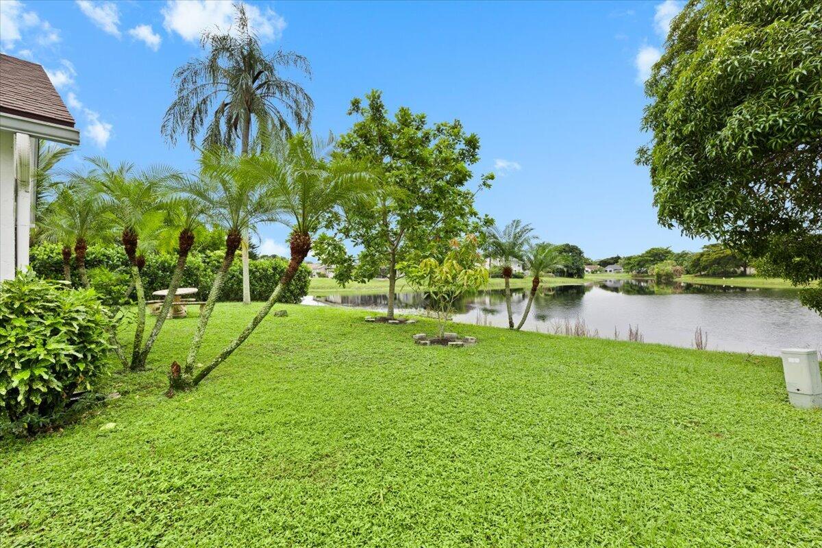 Expansive green lawn featuring mature palm trees, established landscaping, and direct frontage to a pond