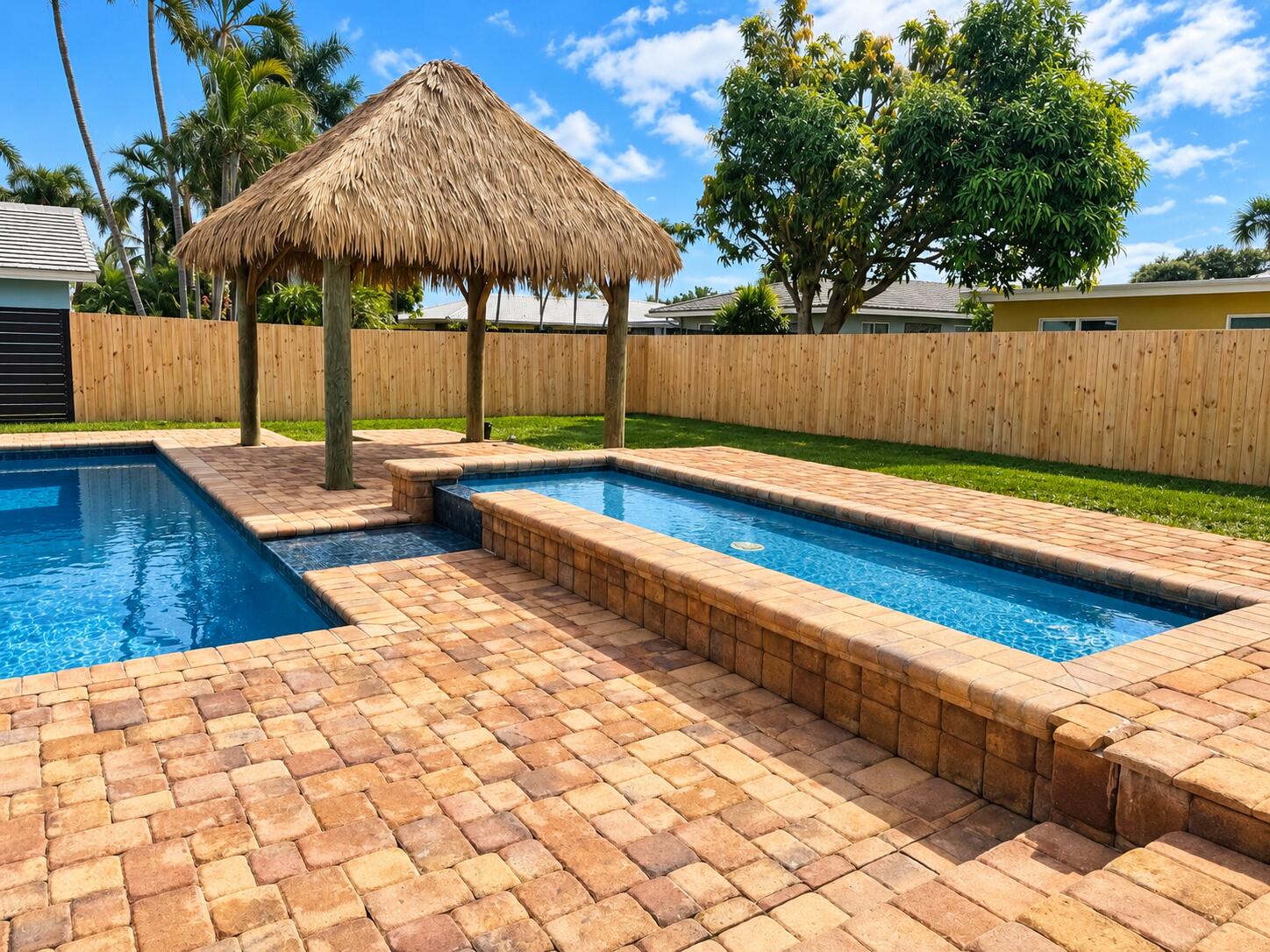 Sunlit Backyard Pool with Tiki Hut