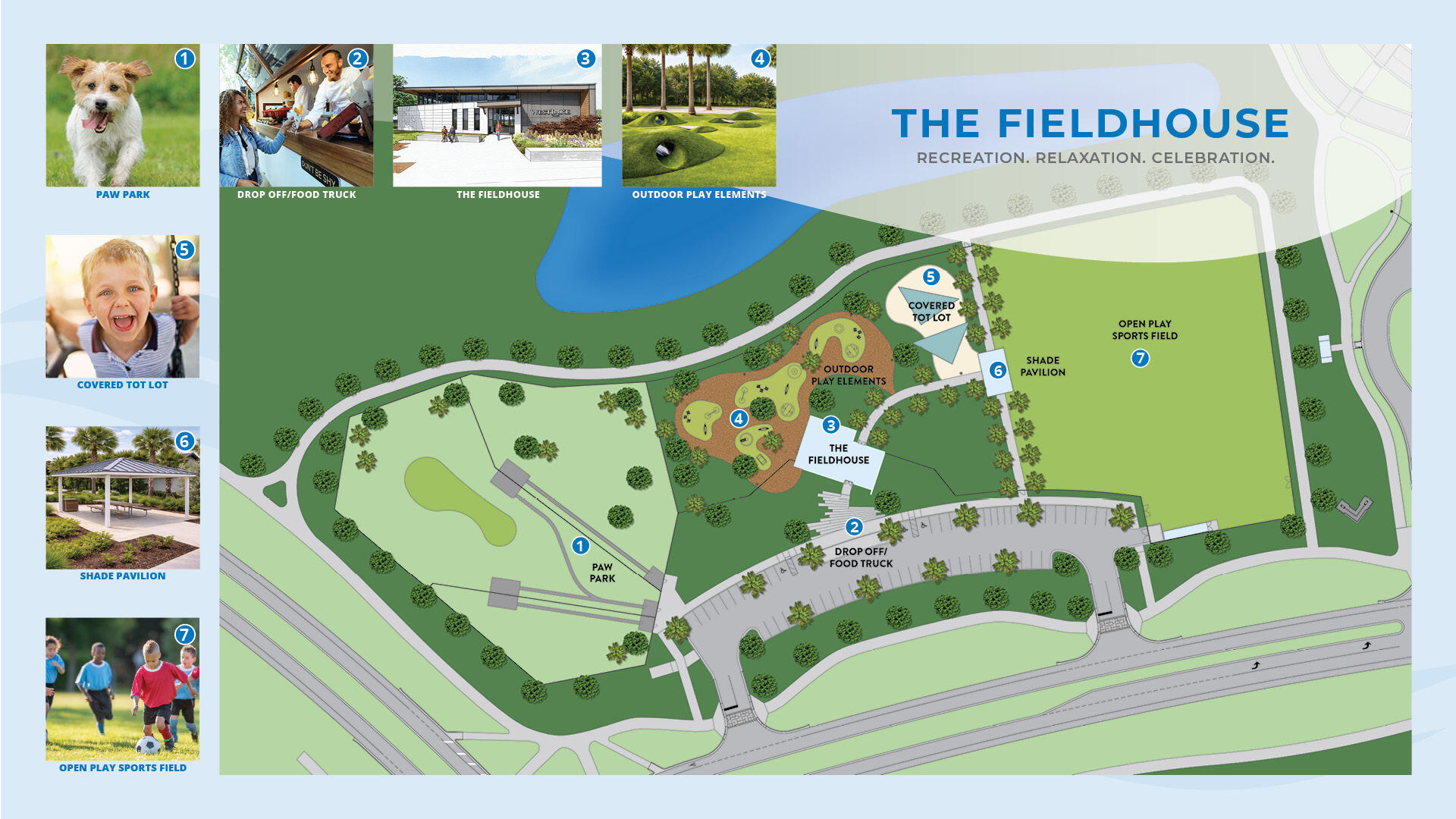 New Fieldhouse coming soon, playing fields, coffee bar, dog parks, kids play area