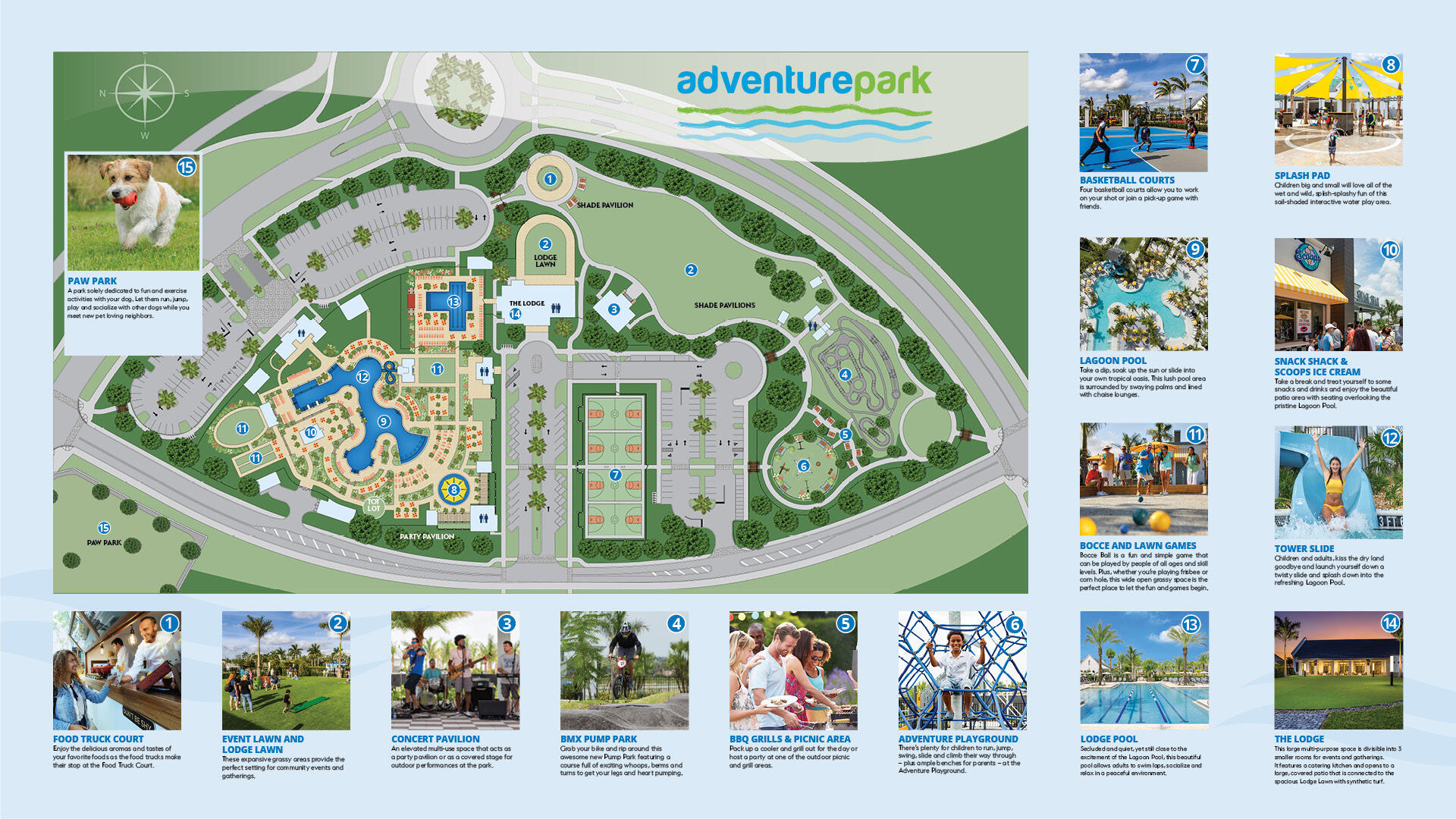 Pools, slide, snack shack, kids' area, basketball courts, The Lodge Center, Bmx track, food trucks