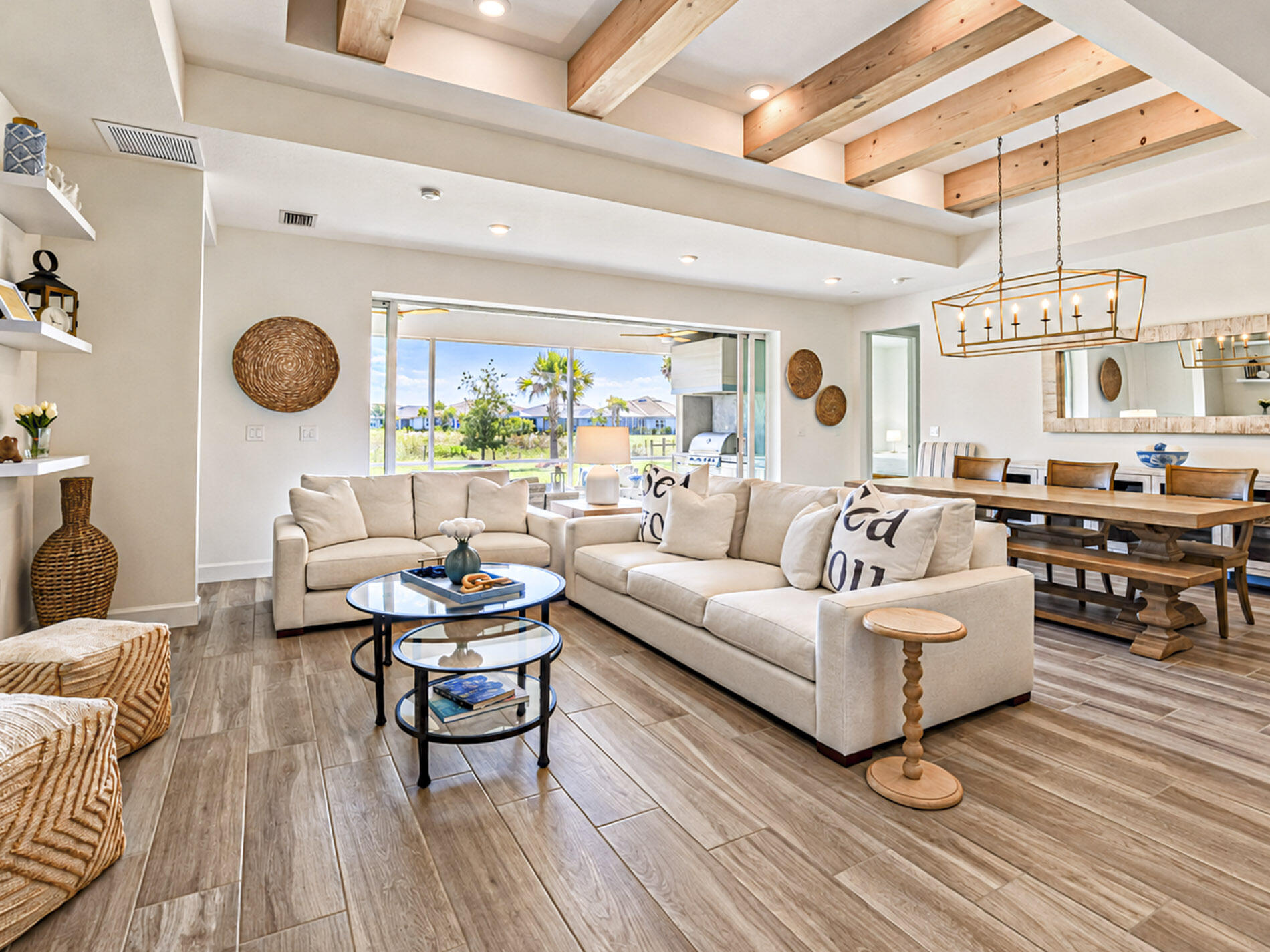 Great Room with white washed beams
