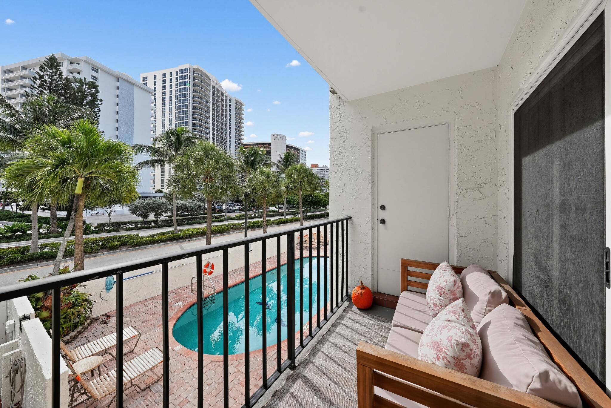 Balcony overlooks the pool