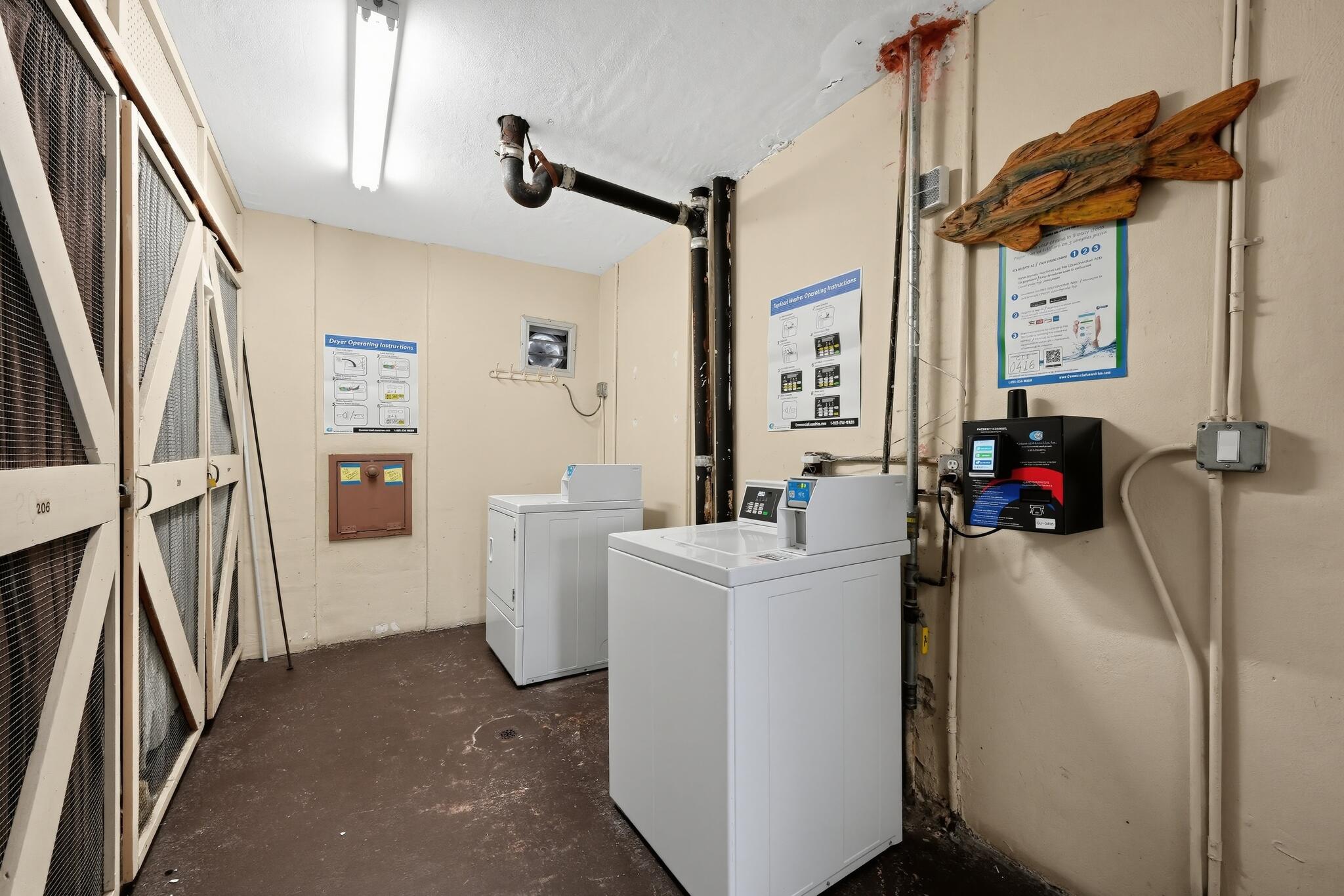 Coin laundry and storage units for the residents.