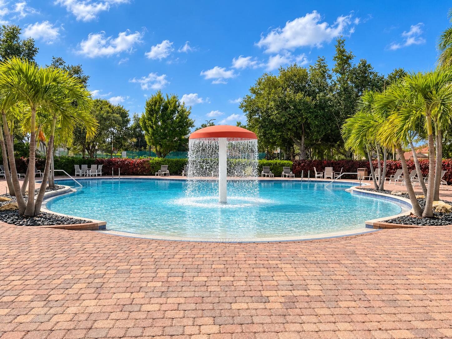 Swimming pool featuring a zero-entry design, central mushroom water feature, and surround-paver decking accented by palm trees and mature landscaping