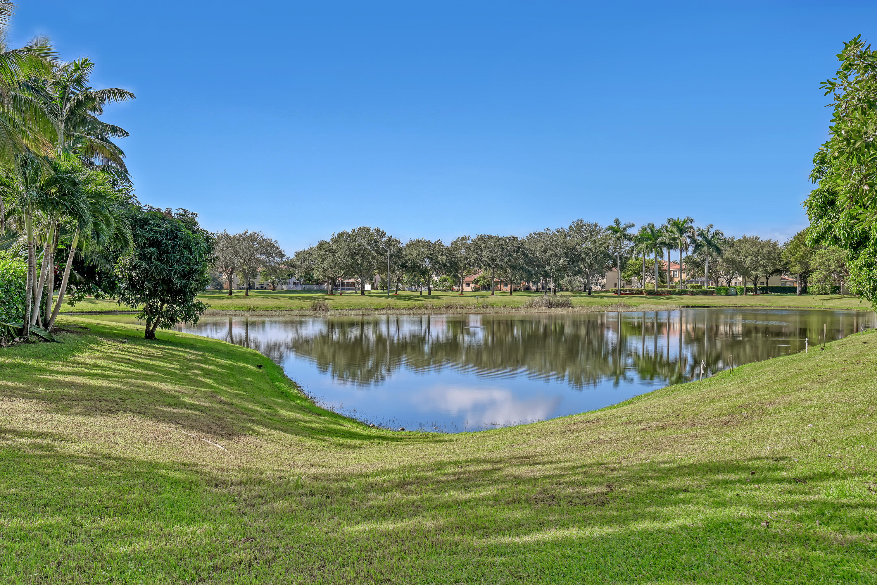 Waterfront lot featuring a large lake, expansive grassy grounds, and mature palm and shade trees