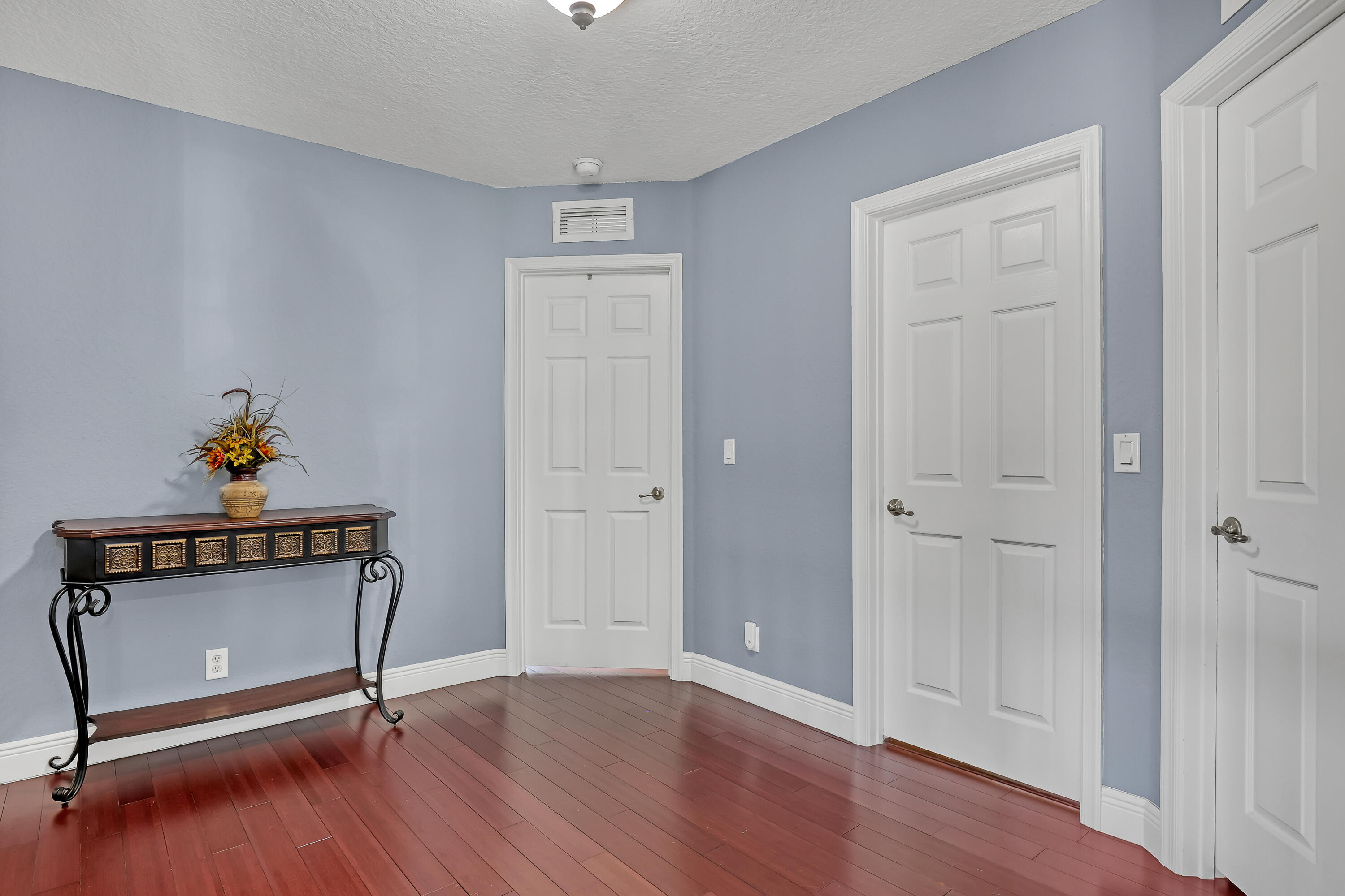 Wood-finish flooring, six-panel interior doors, and a ceiling-mounted light fixture