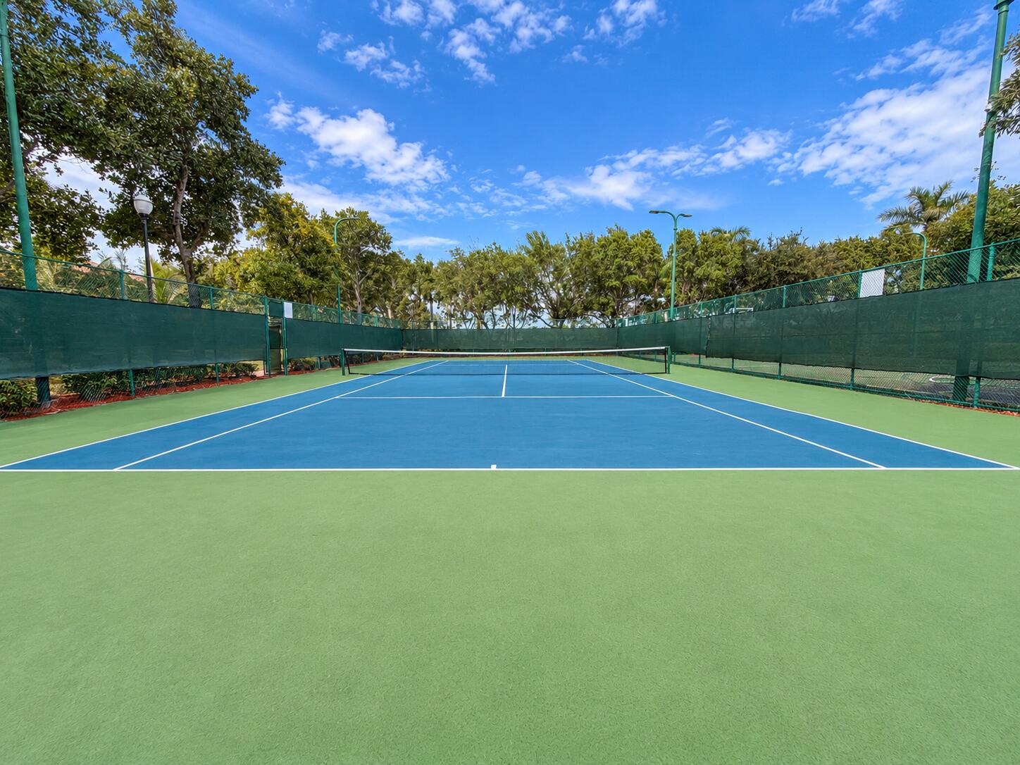 Private tennis court featuring a hard-surface finish, perimeter fencing, overhead lighting, and surrounding mature landscaping