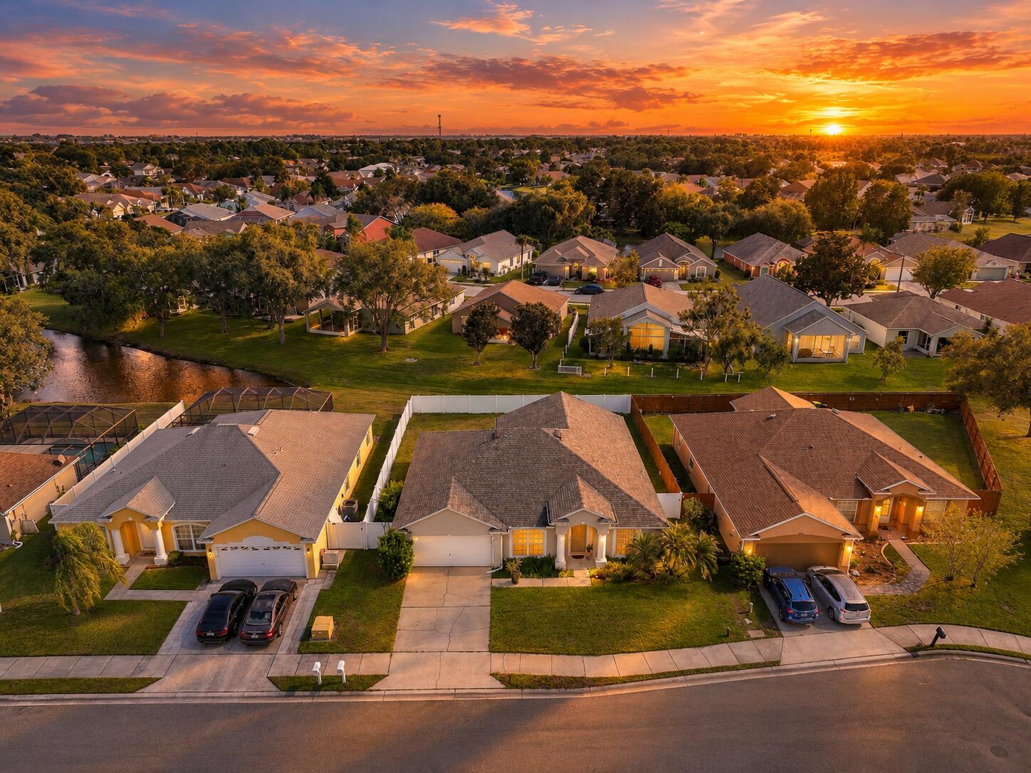 Golden Hour Suburban Neighborhood Aerial