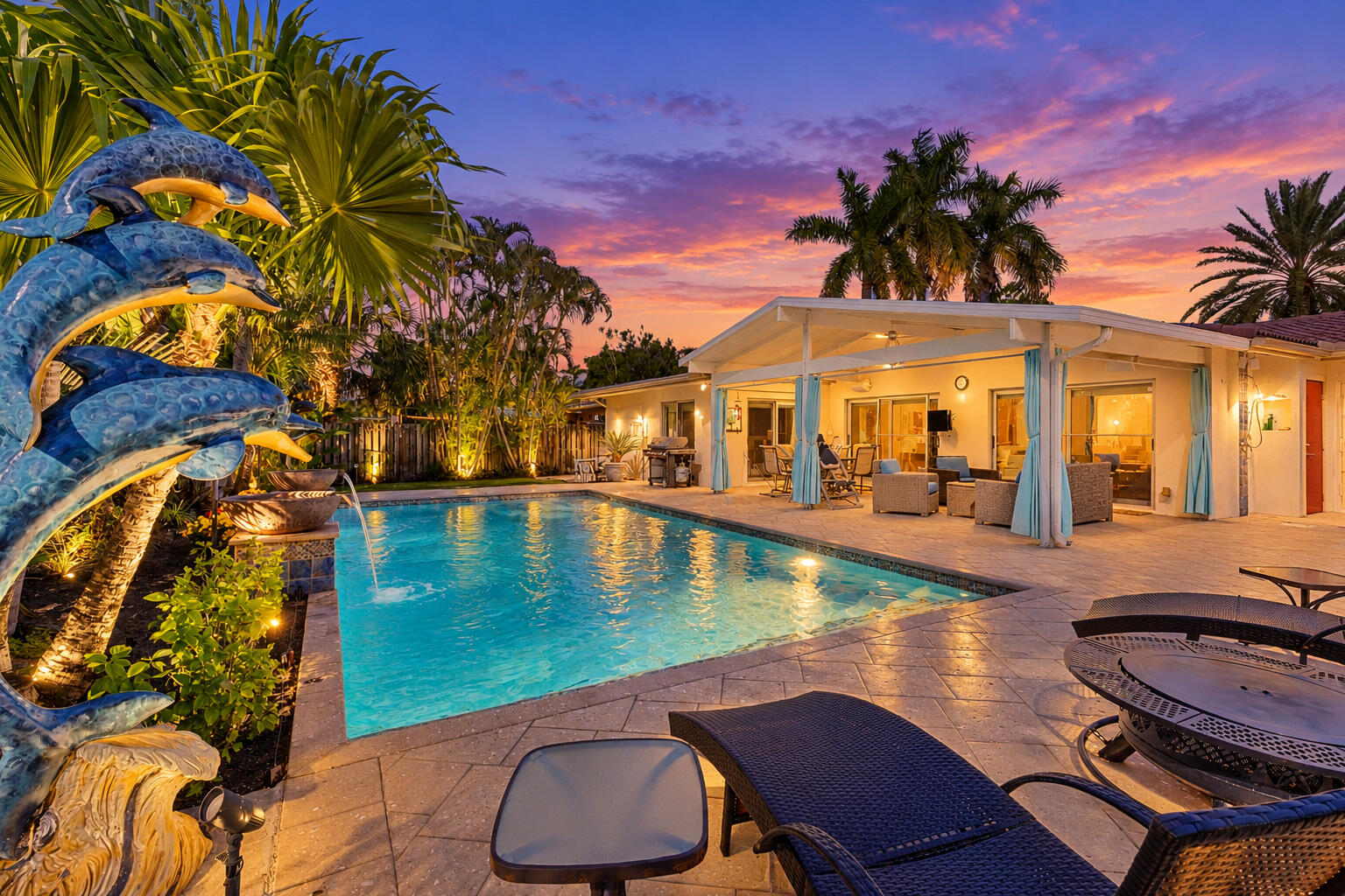 Outdoor patio area featuring a covered lanai, stone-paved decking, custom dolphin-themed water feature, and a rectangular swimming pool
