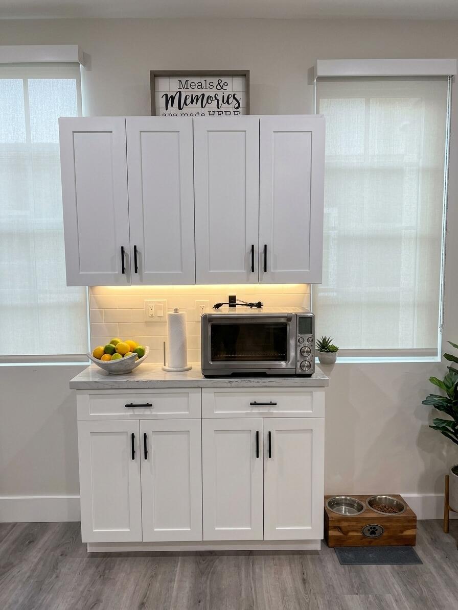 Shaker-style white cabinetry with matte black hardware, stone-surface countertop, subway tile backsplash, under-cabinet task lighting, and wood-finish flooring Shaker-style white cabinetry with matte black hardware, stone-surface countertop, subway tile backsplash, under-cabinet task lighting, and wood-finish flooring