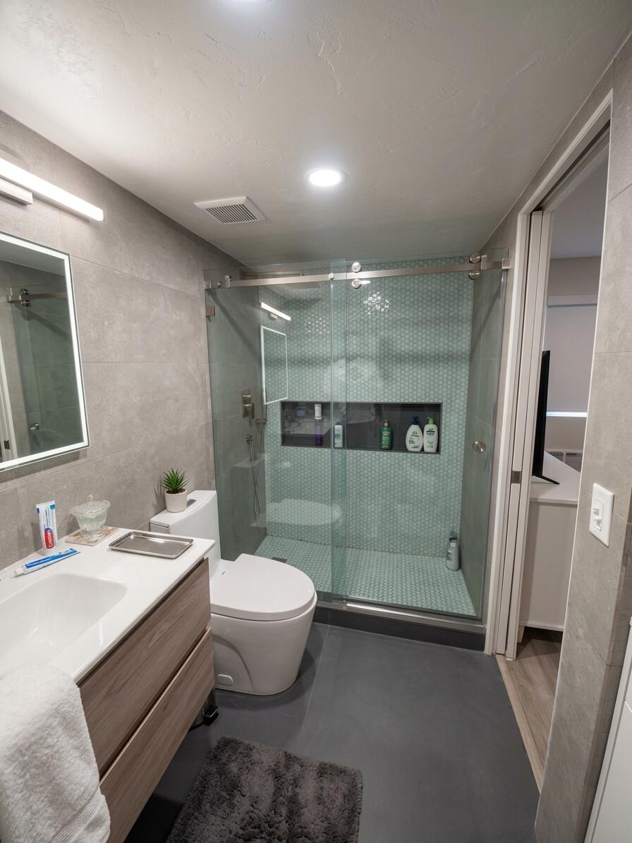Modern bathroom featuring a wood-finish vanity, large-format wall tile, glass-enclosed shower with mosaic tile surround, built-in shower niche, and recessed ceiling lighting