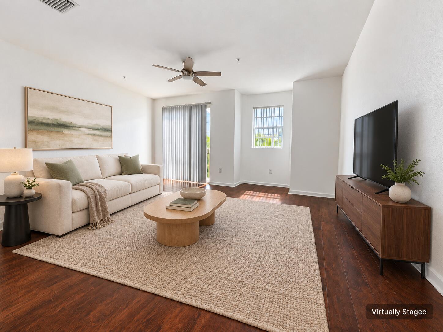 Virtually staged sage-and-walnut living
