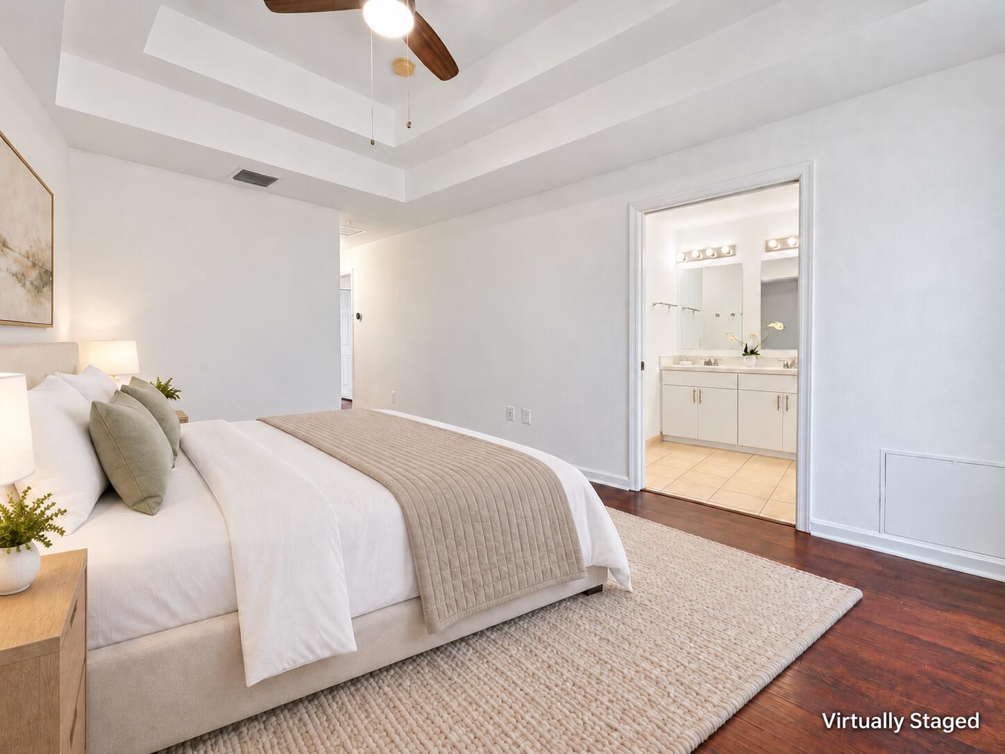 Staged bedroom with virtual staging disc
