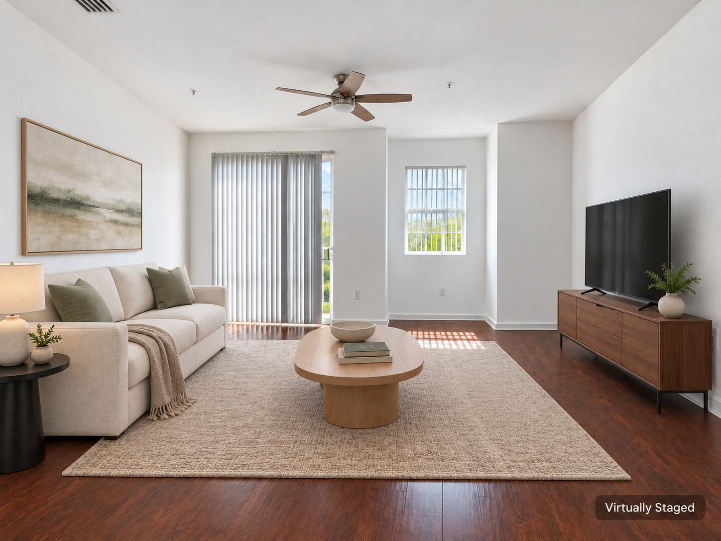 Virtually staged sage-accented living ro Virtually staged sage-accented living ro