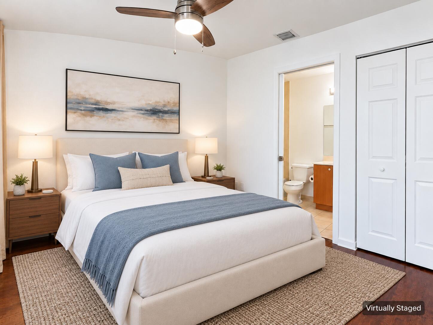 Virtually staged reverse-view guest bedr