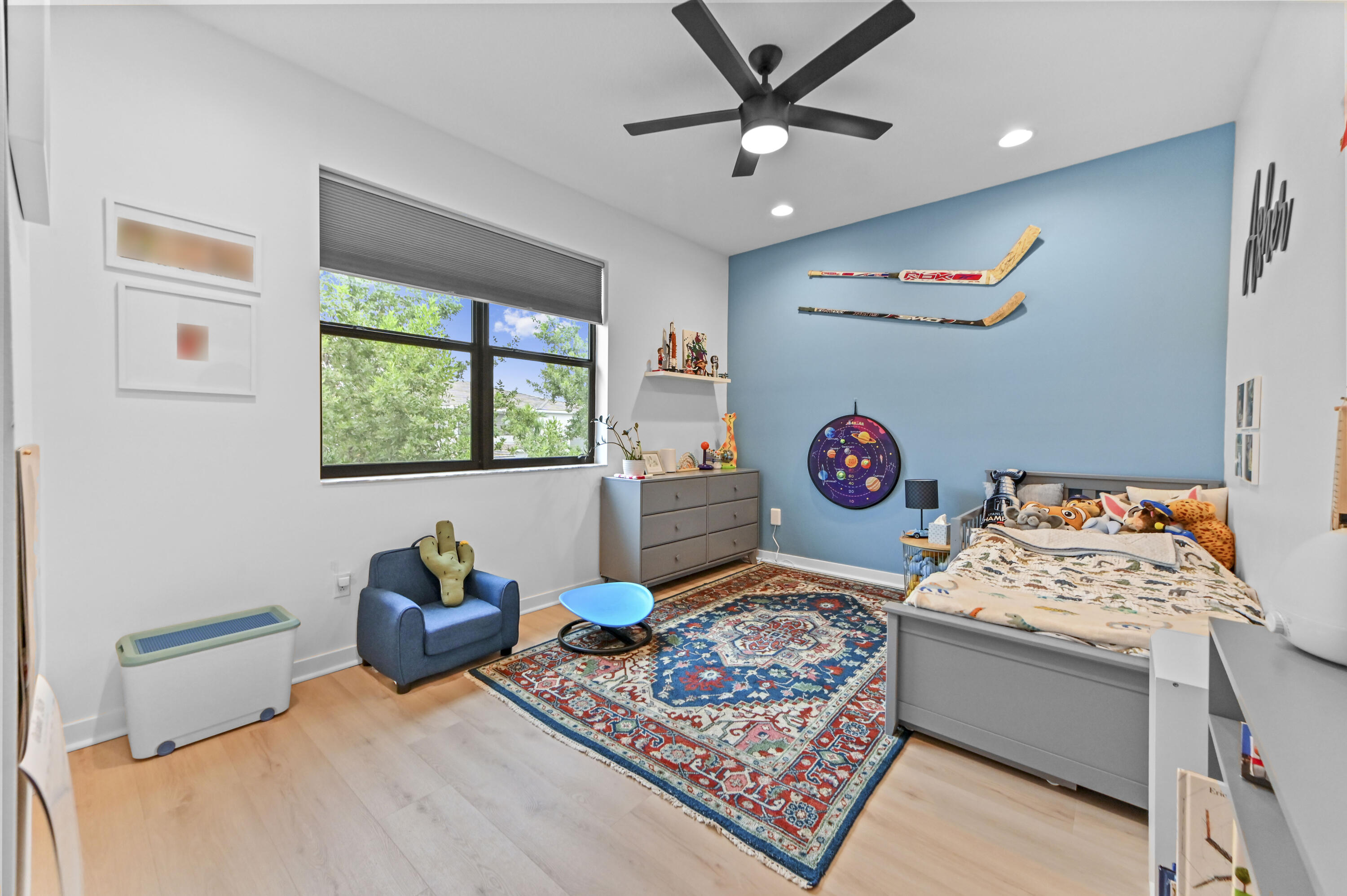 Bedroom #2 high ceilings, recessed lighting, ceiling fan and closet organizer