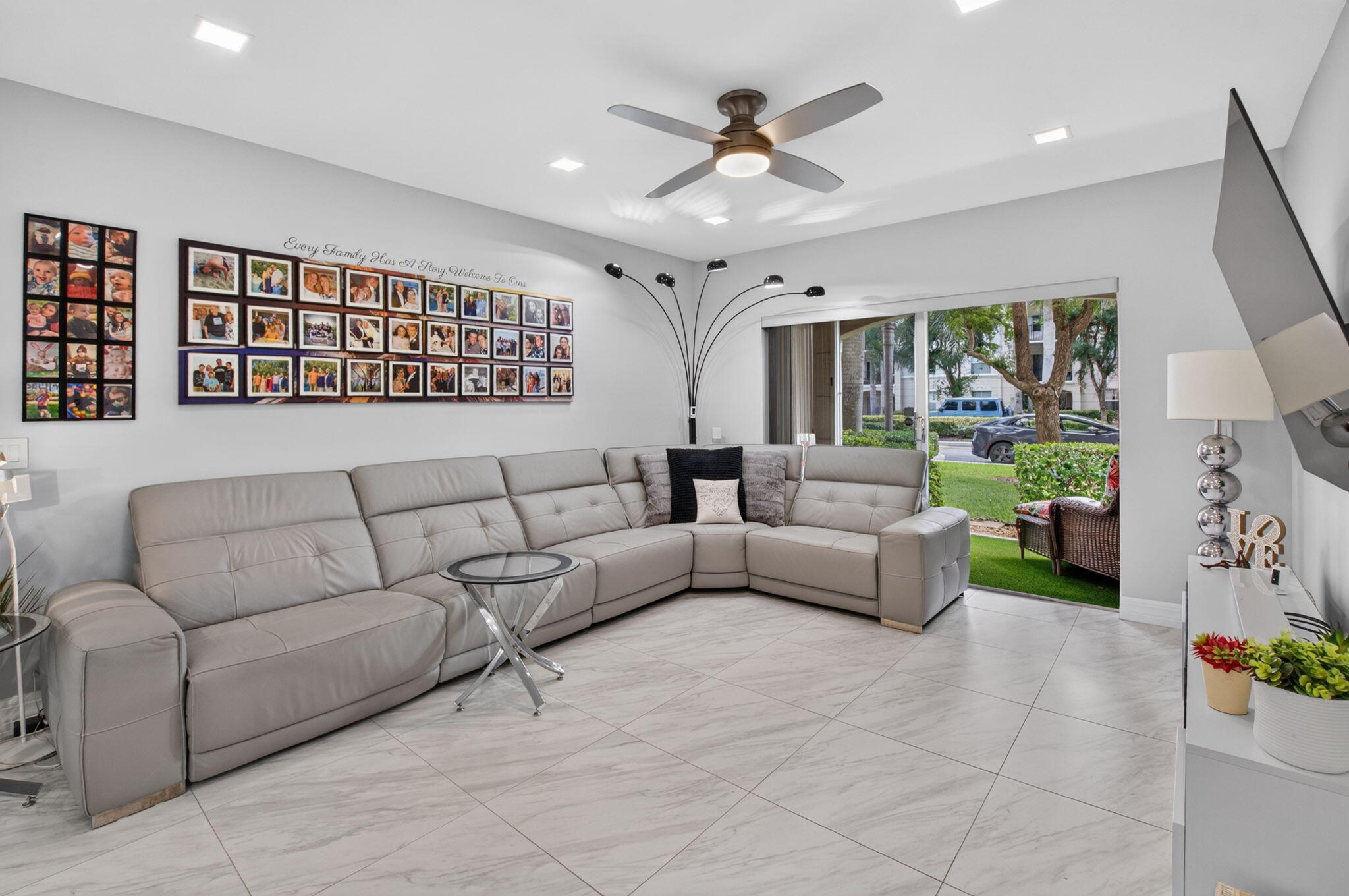 The living room leads out to a beautiful patio