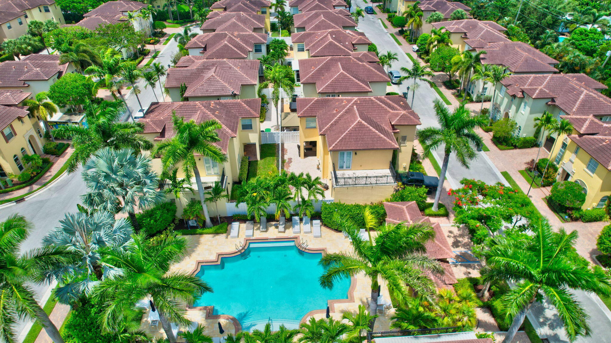 Resort-style community pool surrounded by lush landscaping