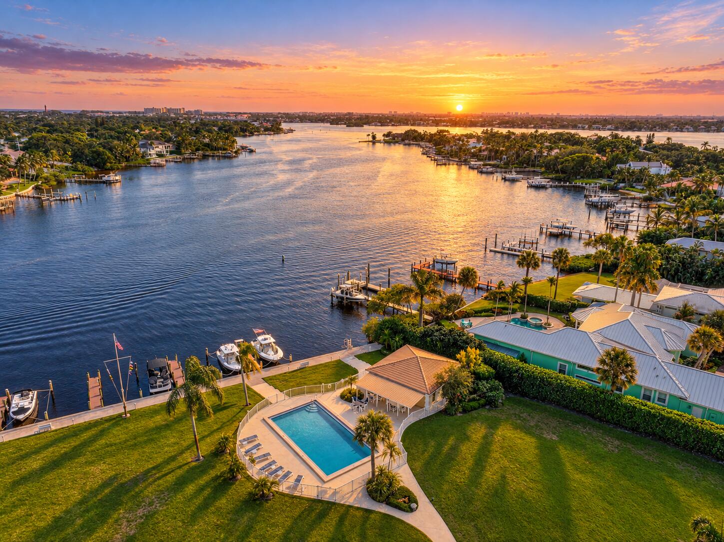 Golden Sunrise Over a Waterfront Estate-