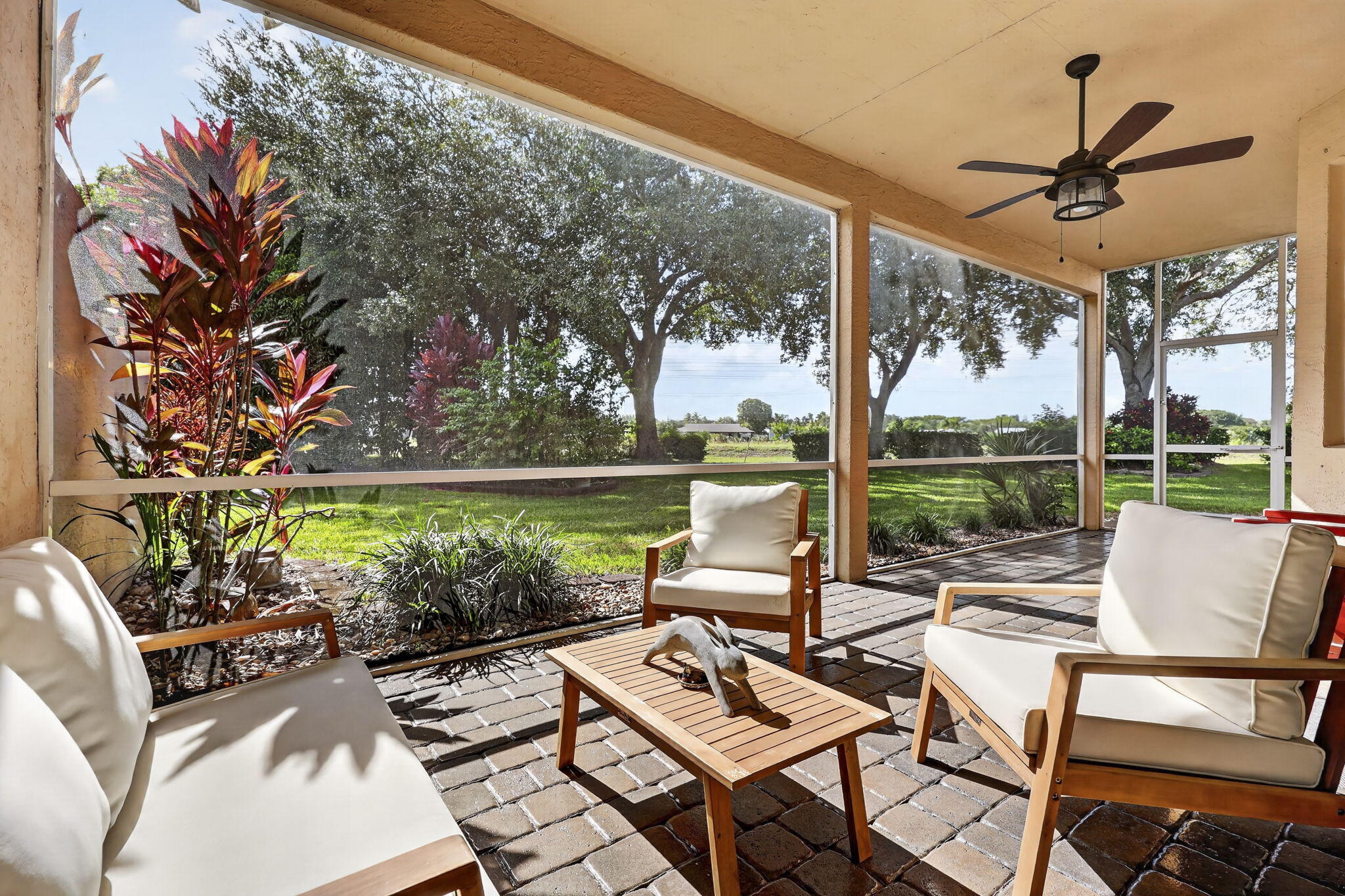 Covered and screened patio with garden view No rear neighbors