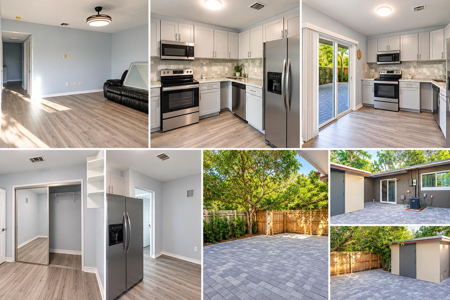 Kitchen featuring stainless steel appliances, white cabinetry, and wood-finish flooring
