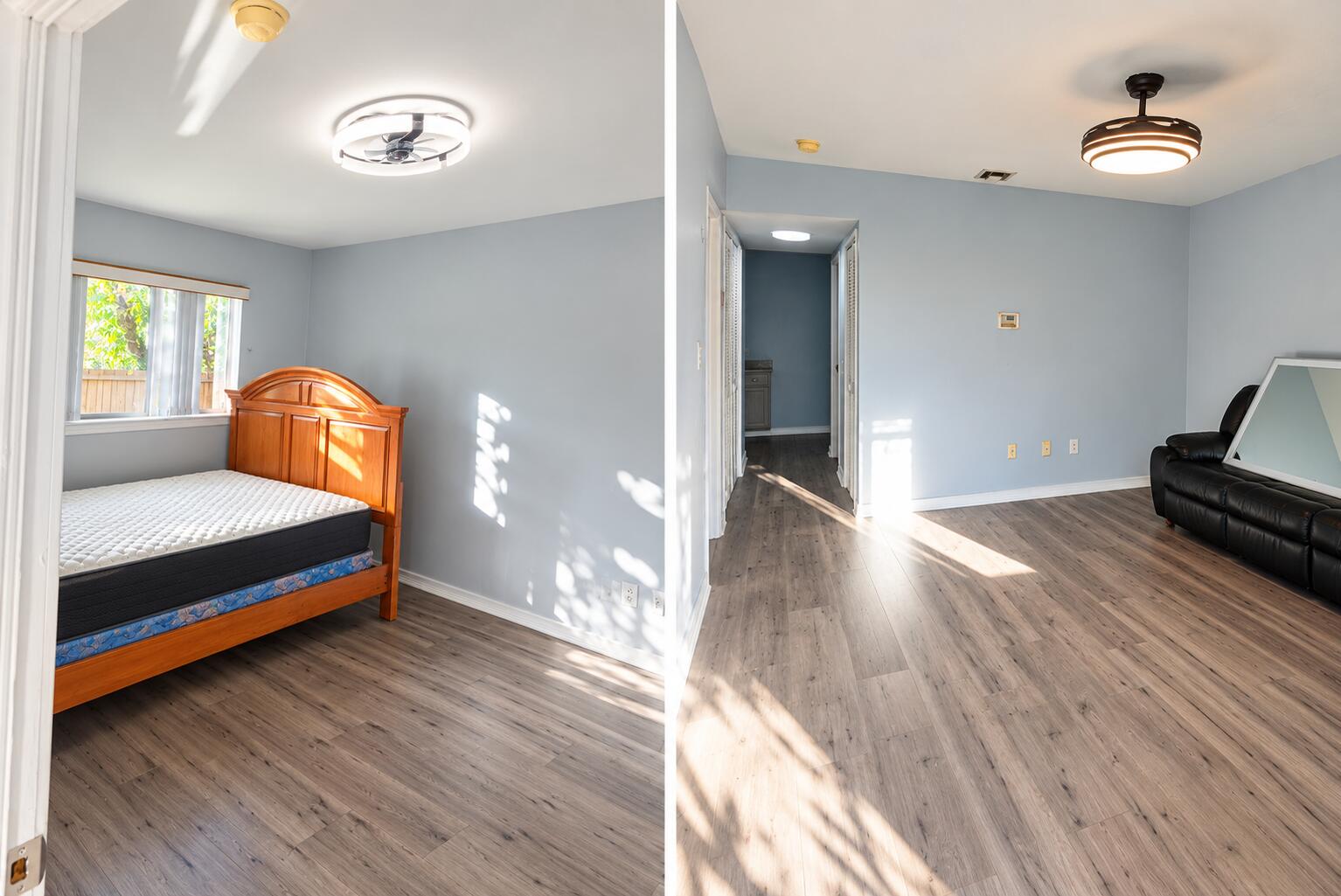 Room featuring wood-finish flooring, dual-tone flush-mount ceiling light fixtures, and a window with integrated blinds