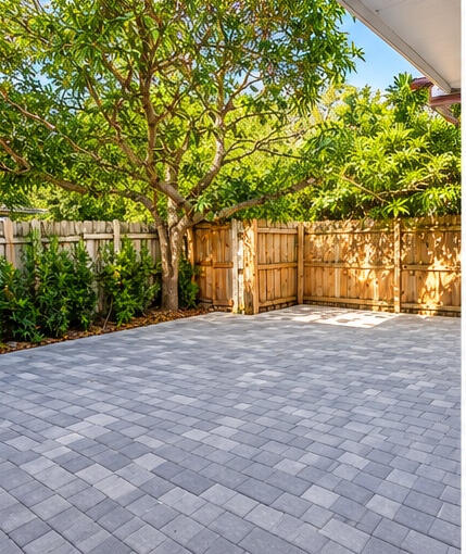 Paver patio featuring a multi-tone geometric pattern, enclosed by a wood privacy fence and mature landscaping