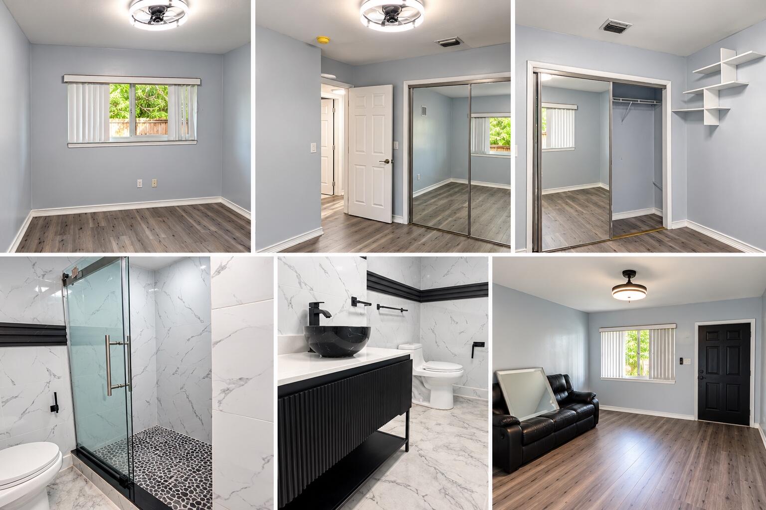 Bedroom featuring wood-finish flooring, sliding mirror-door closet, and built-in wall shelving