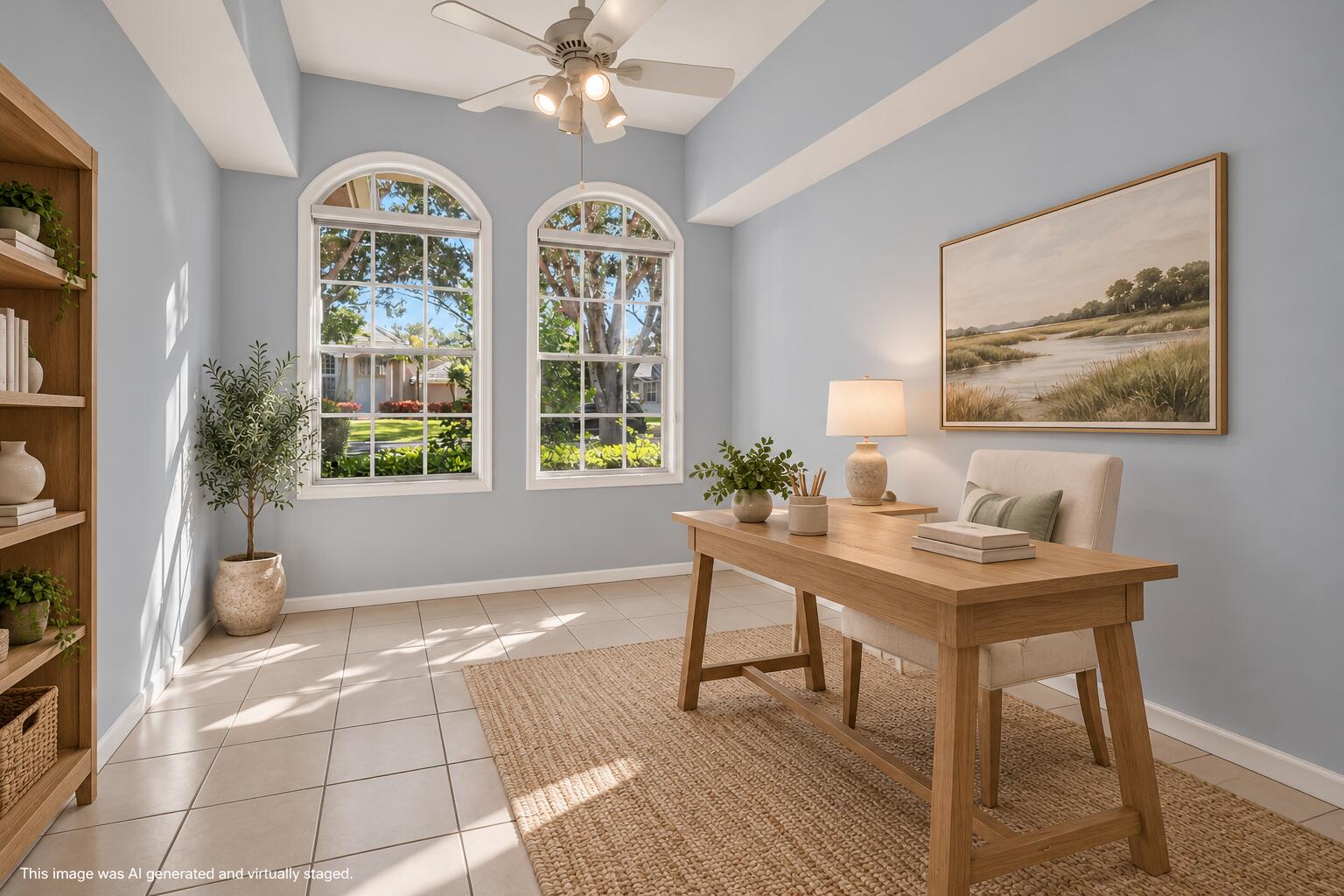 Airy Coastal Home Office with Arched Win