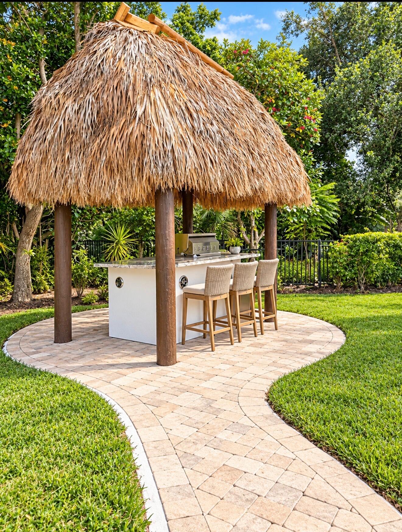 OUTDOOR SUMMER KITCHEN UNDER A SHADED TIKI BAR w/ ROOM FOR 3 BAR STOOLS OUTDOOR SUMMER KITCHEN UNDER A SHADED TIKI BAR w/ ROOM FOR 3 BAR STOOLS