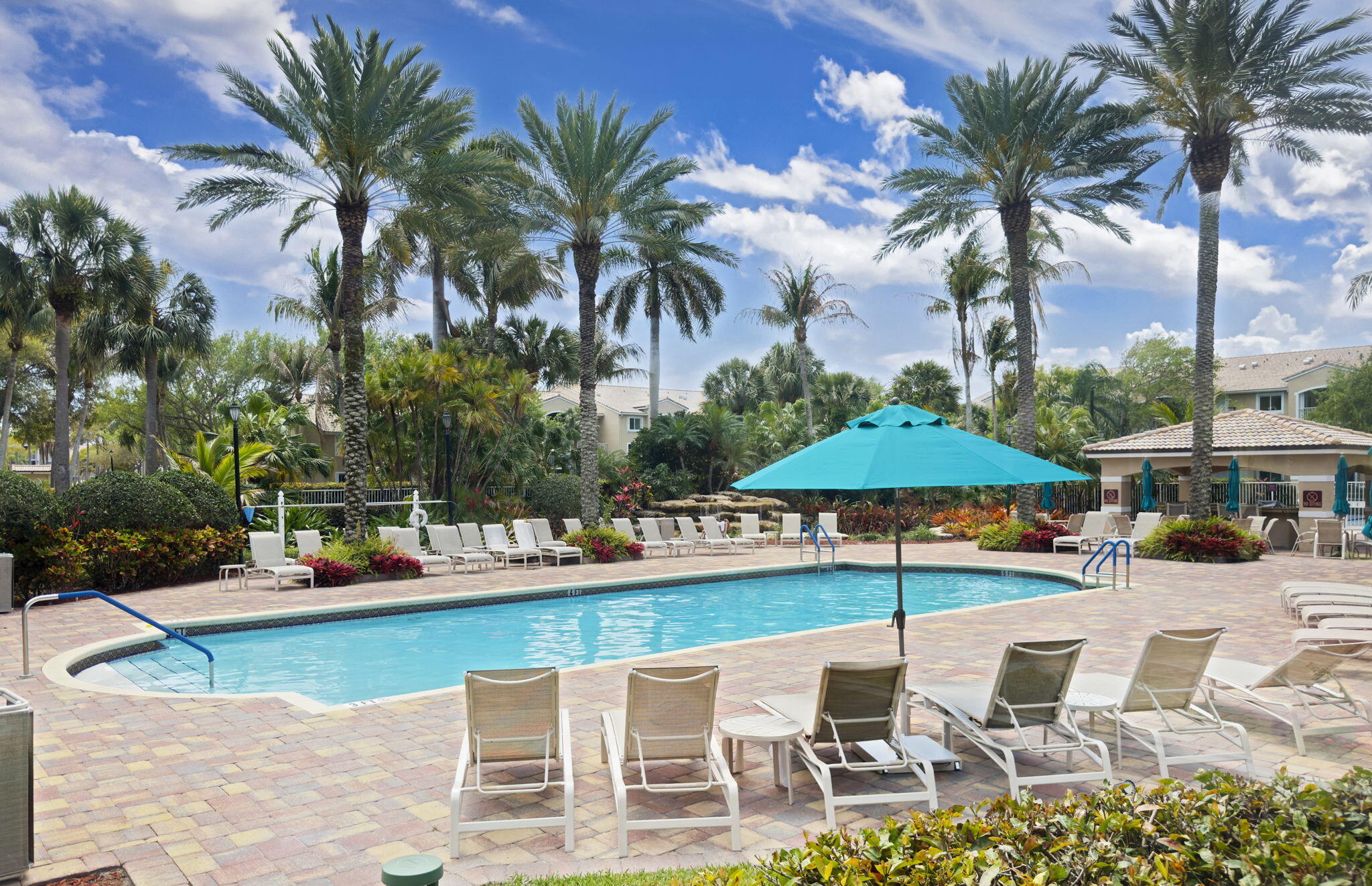 Swimming pool with paver decking, established palm trees, and a covered pavilion