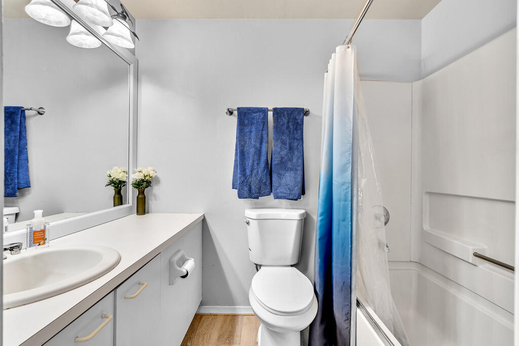 Primary bathroom with a shower-tub combo