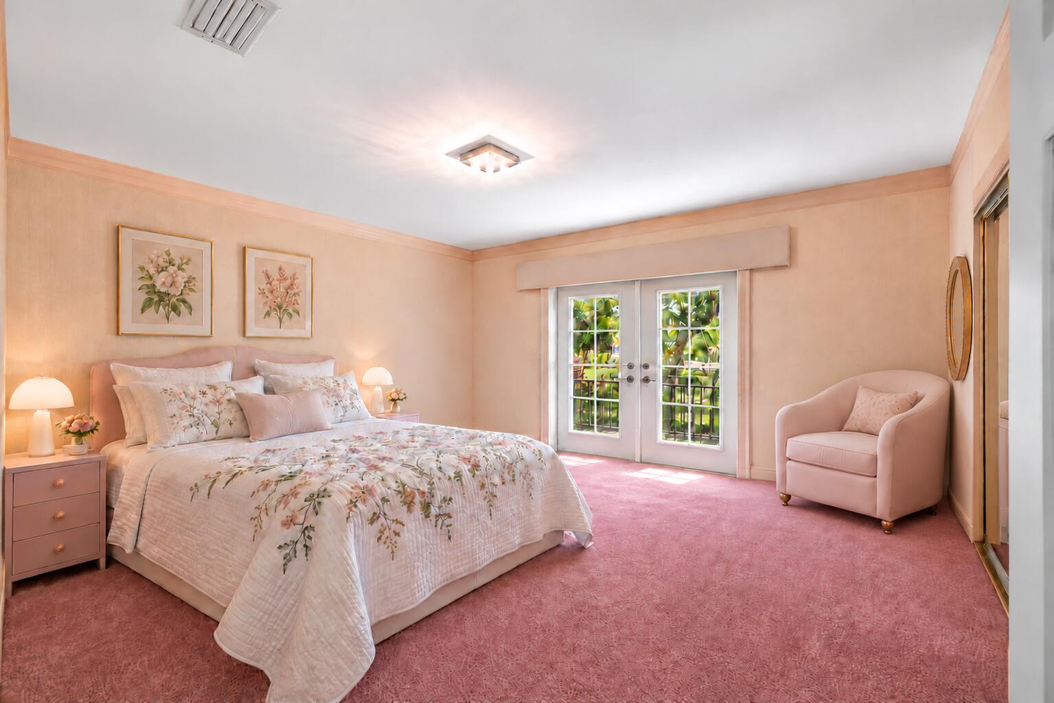 Blush bedroom with full-size armchair