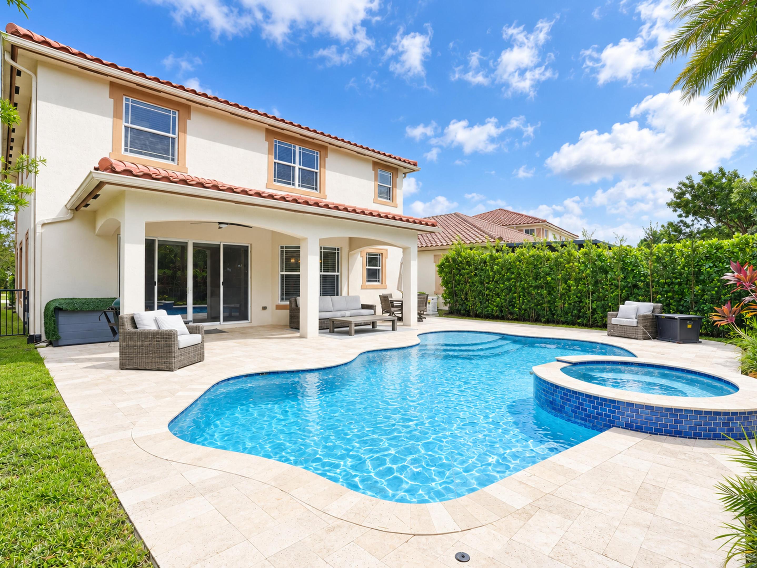 Stucco exterior with a tile roof, featuring a covered patio, stone paver pool deck, free-form swimming pool, and an integrated tiled spa