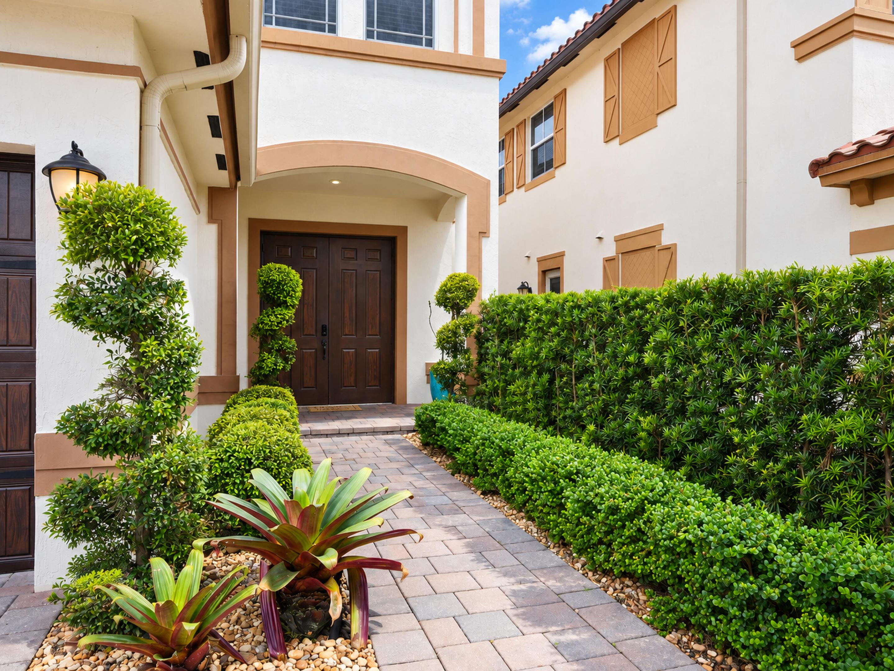 Stucco exterior featuring double wood-finish entry doors, stone-paver walkway, arched recessed porch, and manicured landscaping with topiary shrubs