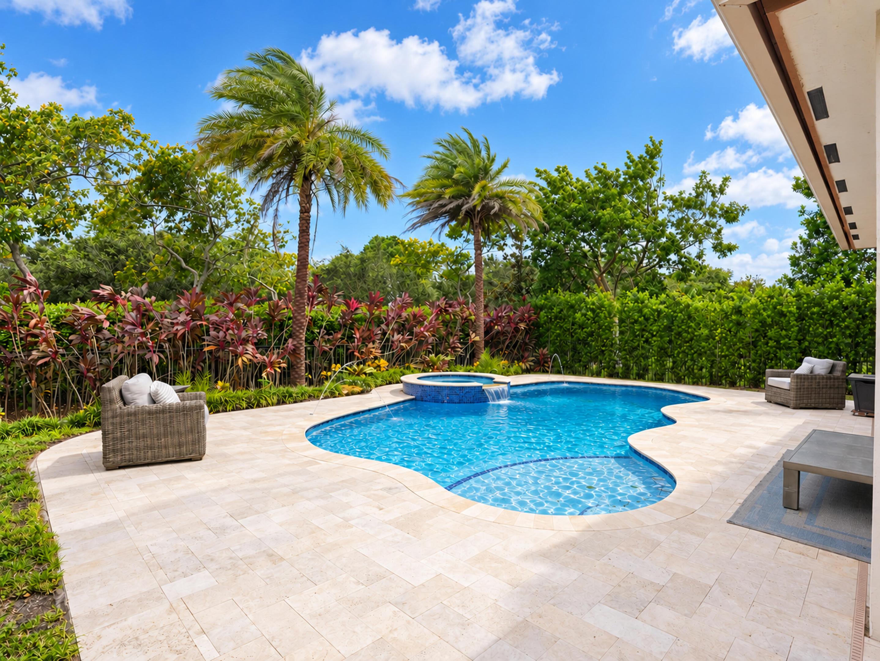 Freeform swimming pool with a spillover spa, surrounded by a light-toned stone paver deck and mature landscaping