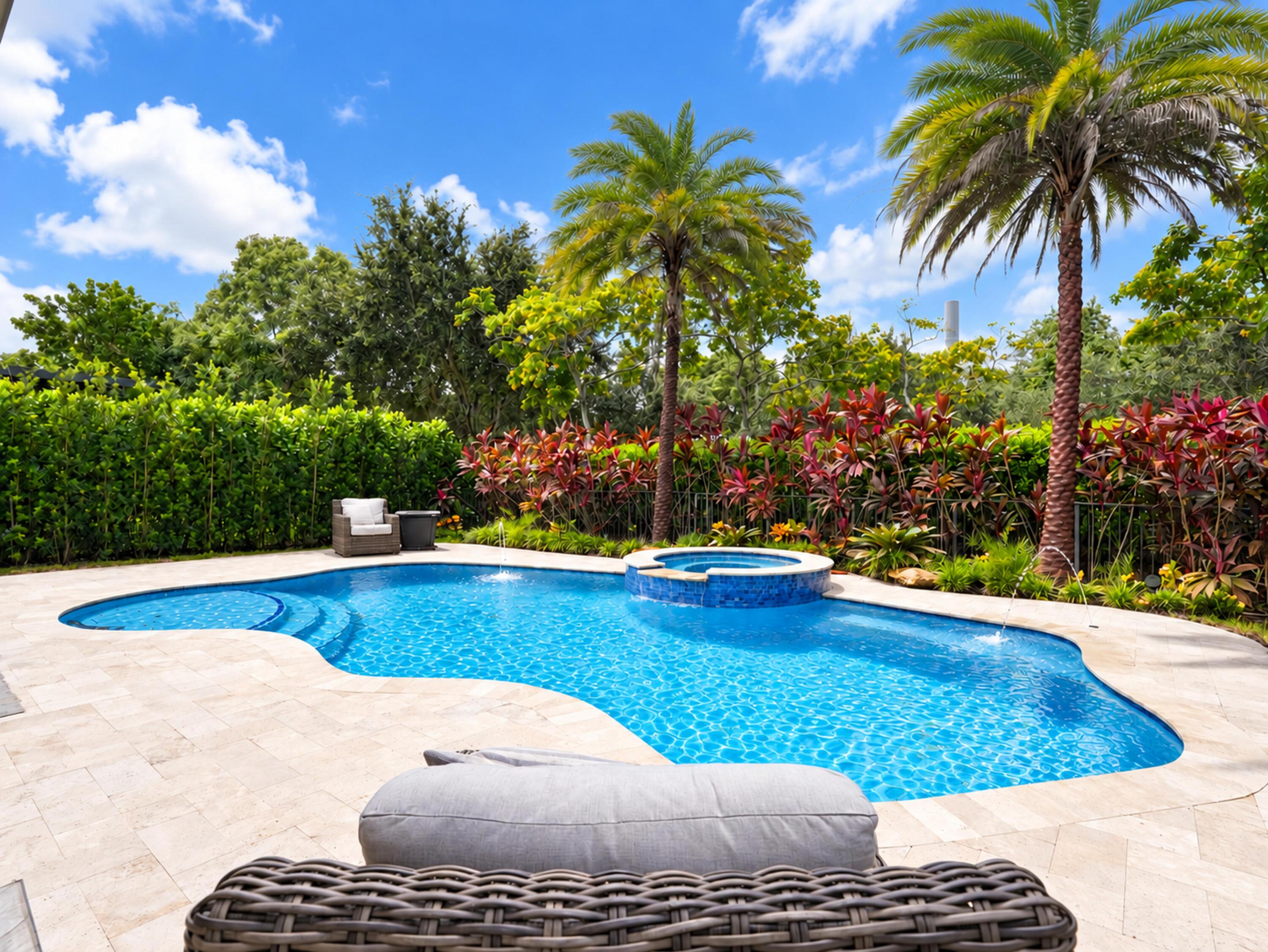 Swimming pool with a raised spillover spa, tiled decking, and mature tropical landscaping