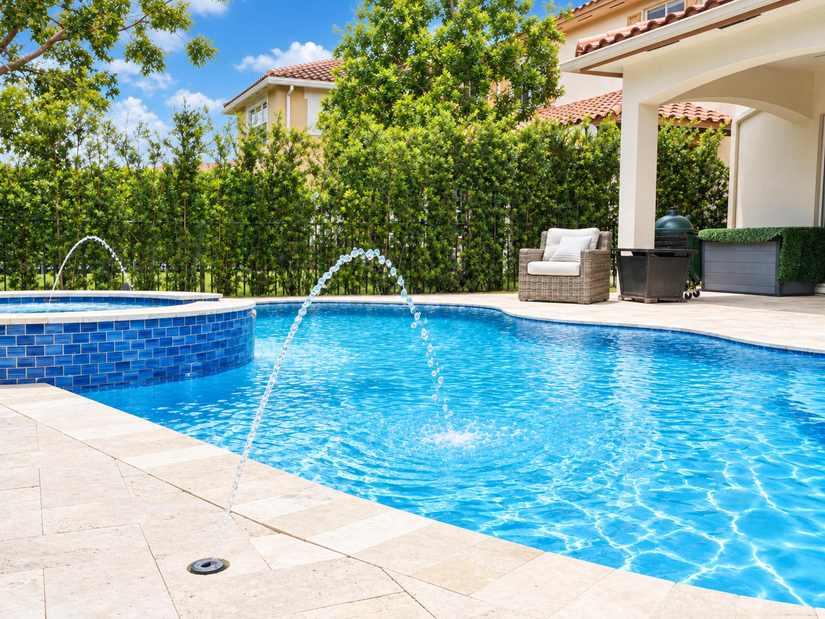 Swimming pool featuring blue tile accents, a raised spa, stone-paver decking, and integrated water fountains